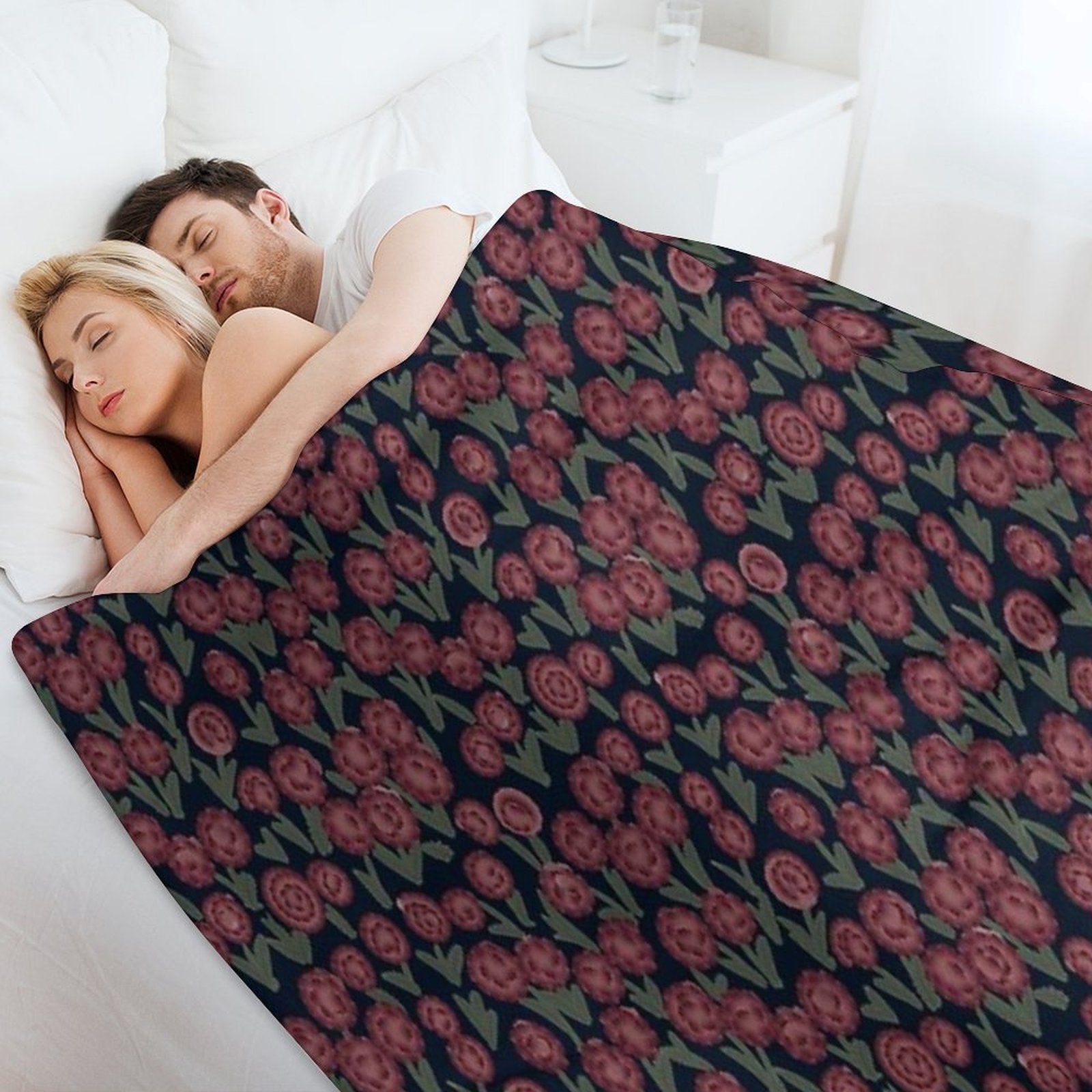 Burgundy Carnations on Dark Blue – Seamless Vintage Floral Design Lightweight Throw Blanket