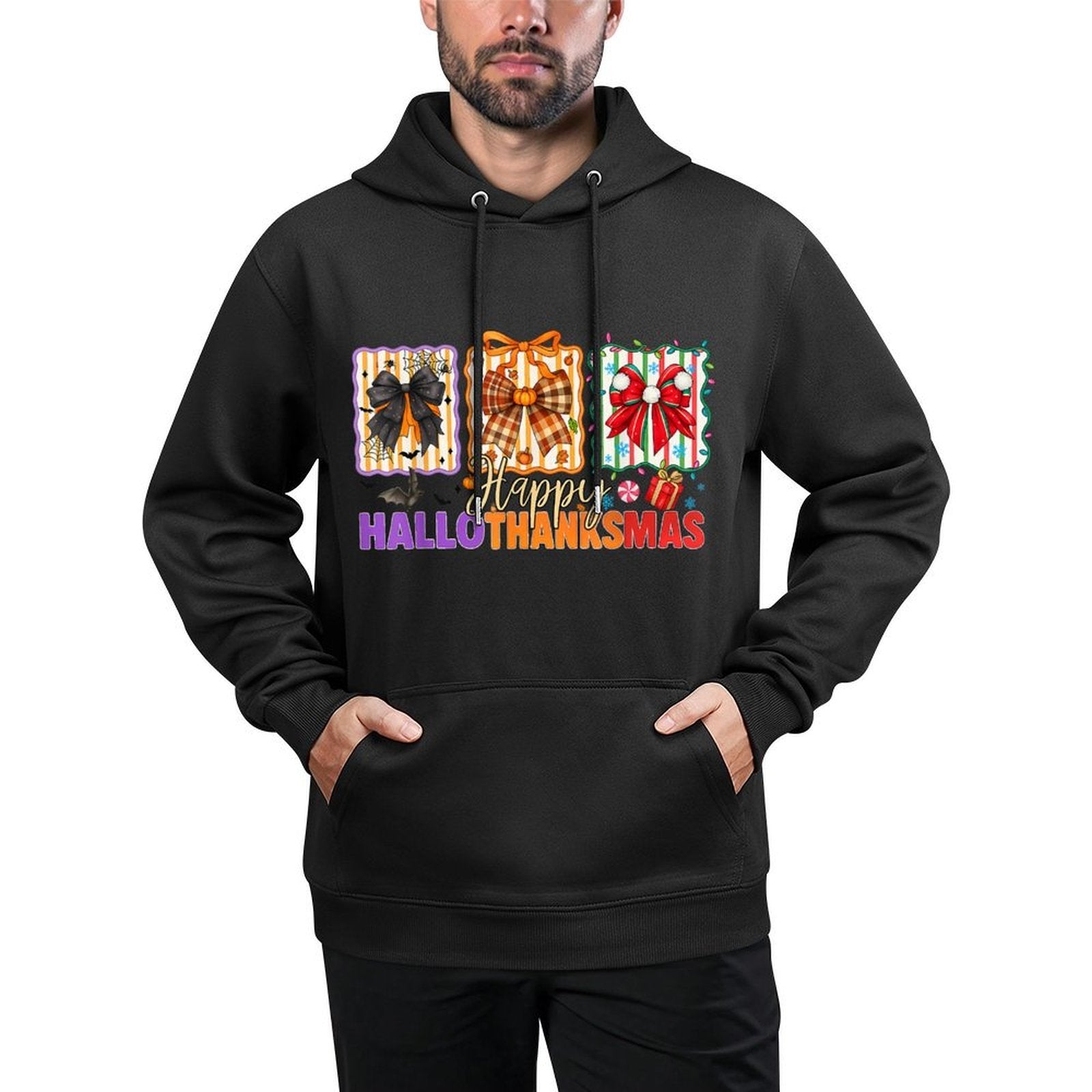 Bows Halloween Thanksgiving Christmas Happy HalloThanksMas Cotton-Polyester Blend Hoodie