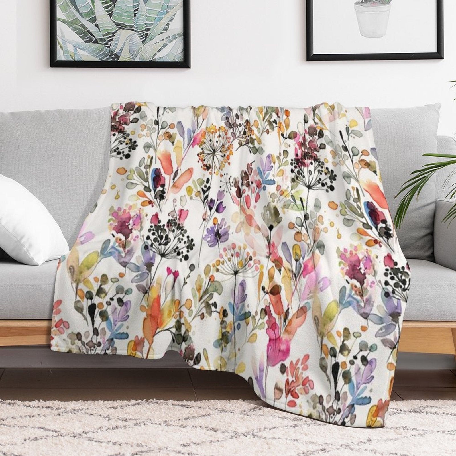Wild Flowers And Plants Watercolor - Wild Nature Botanical Print Plush Throw Blanket