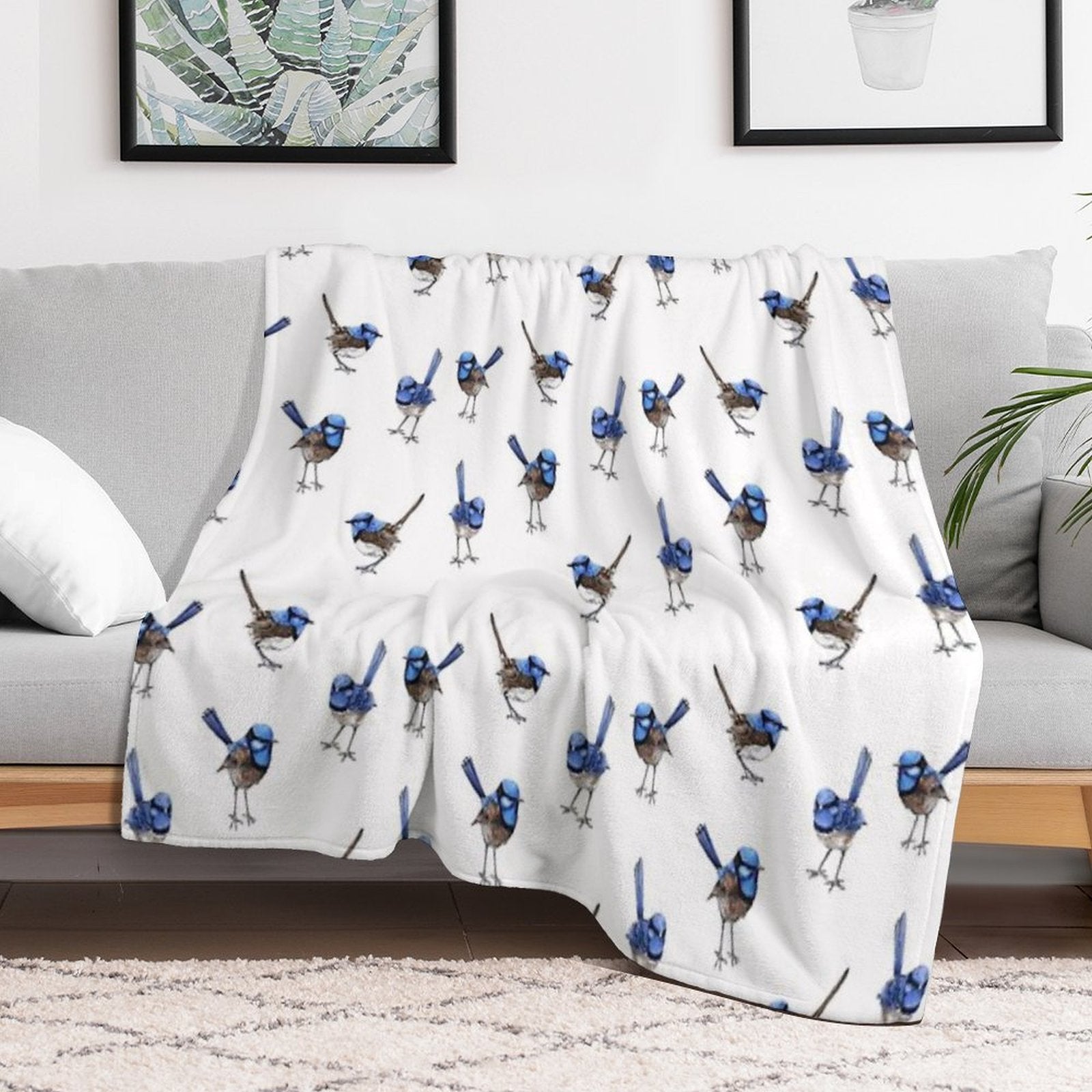 Blue Wrens, Scattered on White Travel-friendly Throw Blanket