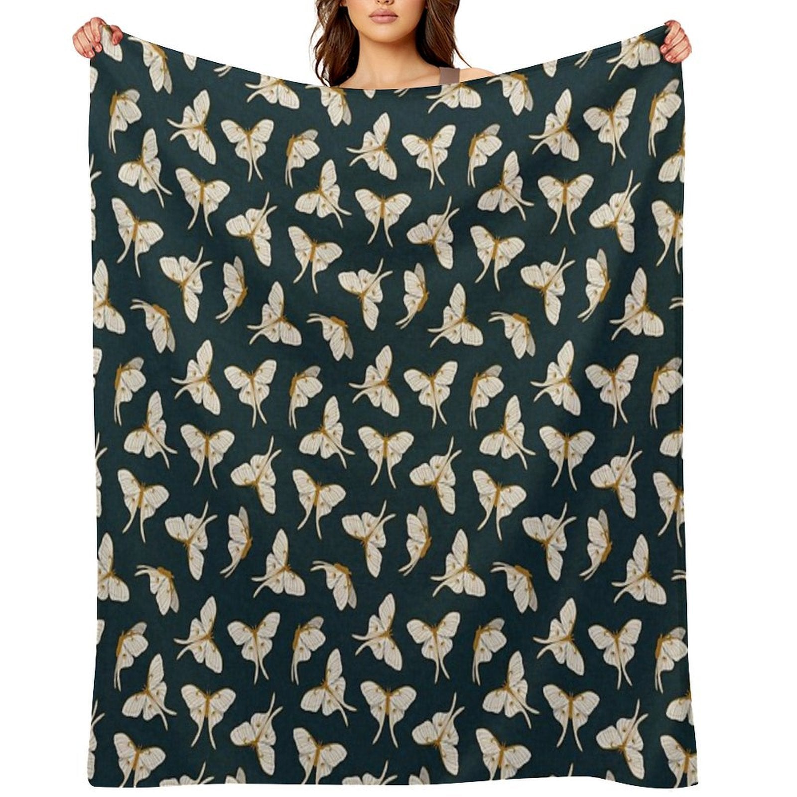 Luna Moth - Gold on Dark Teal Shrink-resistant Throw Blanket