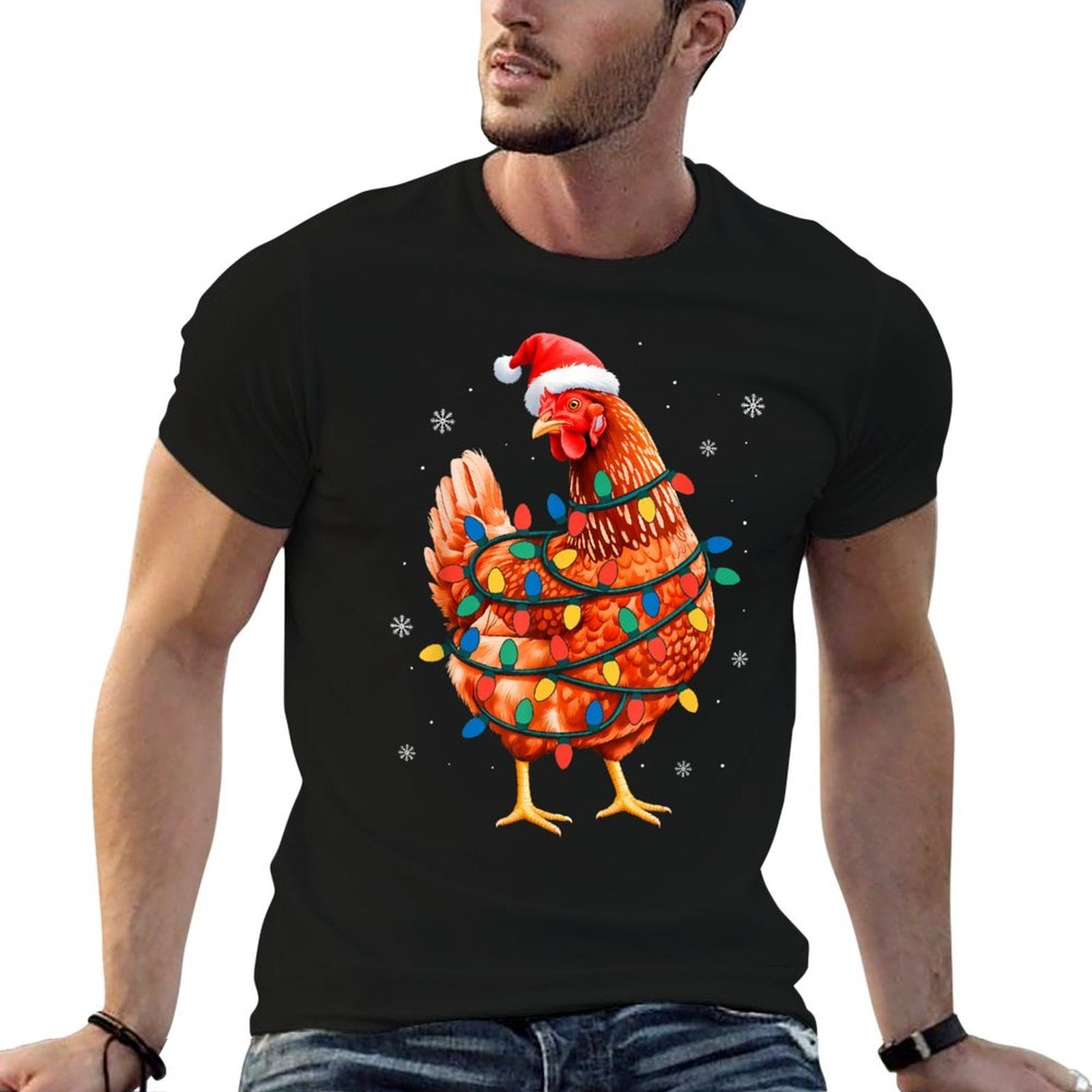 Chicken Christmas Tree Lights Farm Animal Santa Xmas Pajamas  Slim-fit Cut T-Shirt