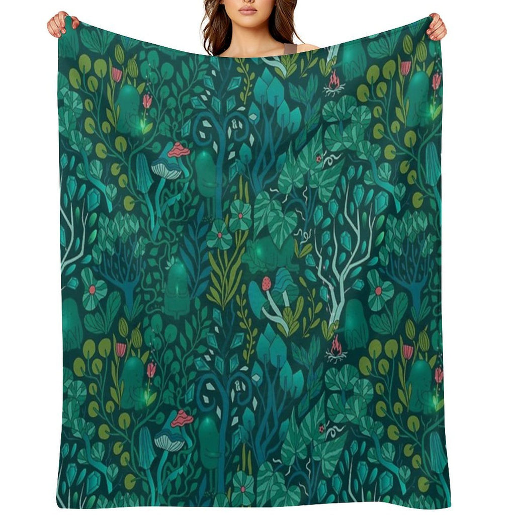 Emerald Forest Keepers. Fairy Woodland Creatures. Tree, Plants And Mushrooms Shrink-resistant Throw Blanket