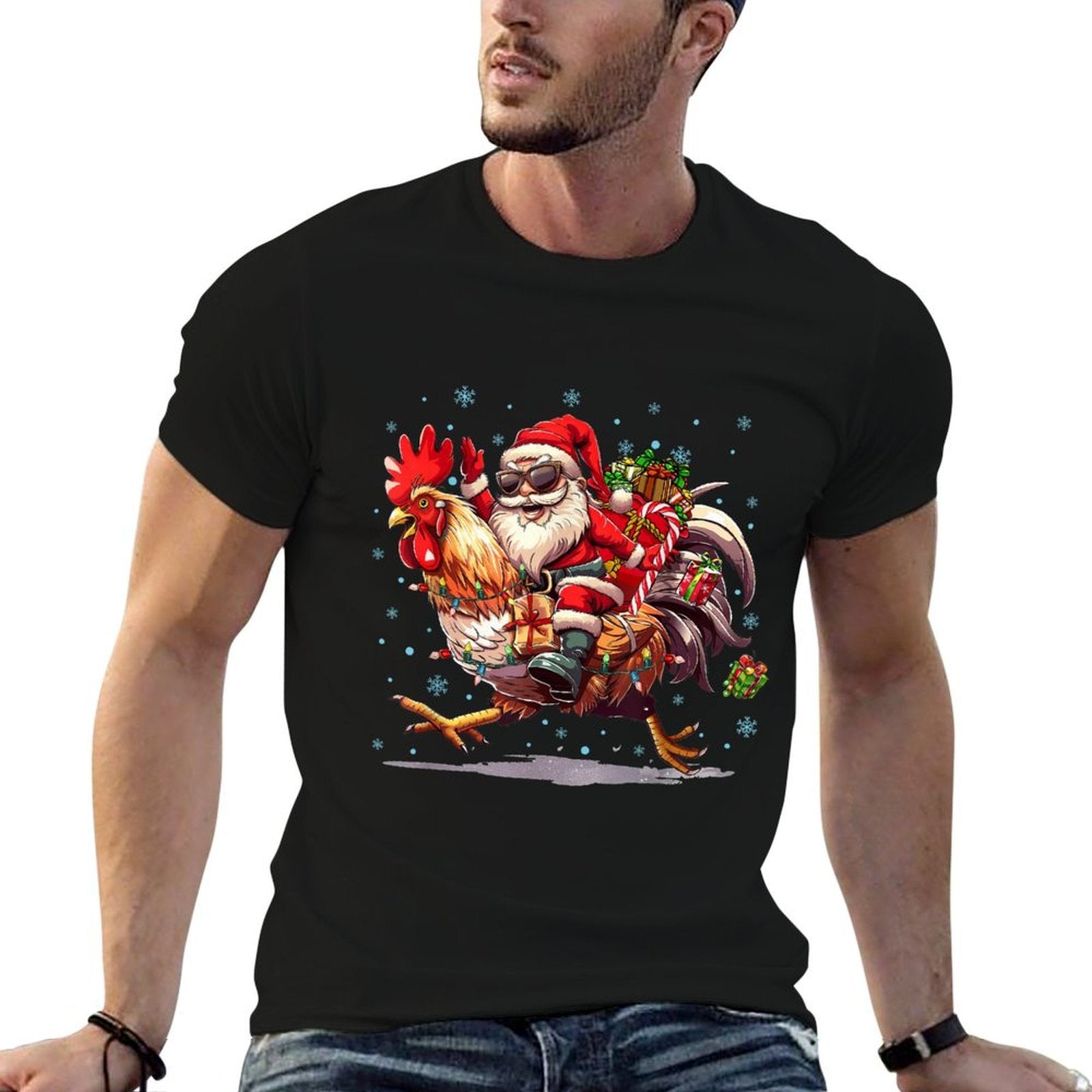 Ugly Christmas Santa Riding Chicken Christmas Tree Lights  Polyester Blend T-Shirt