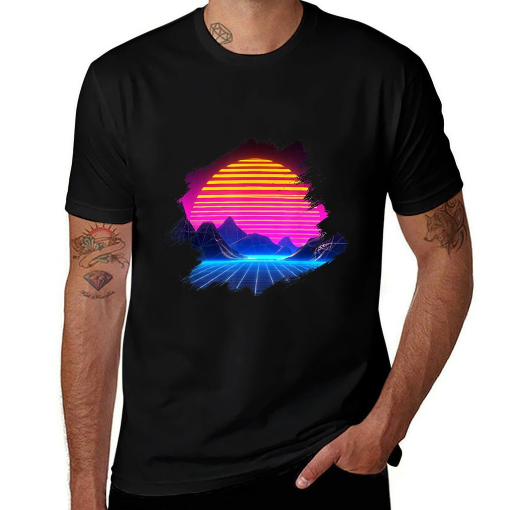 Sunset Over Canyon And Grid Mountains Landscape Synthwave  High-quality Stitching T-Shirt
