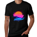 Sunset Over Canyon And Grid Mountains Landscape Synthwave  High-quality Stitching T-Shirt