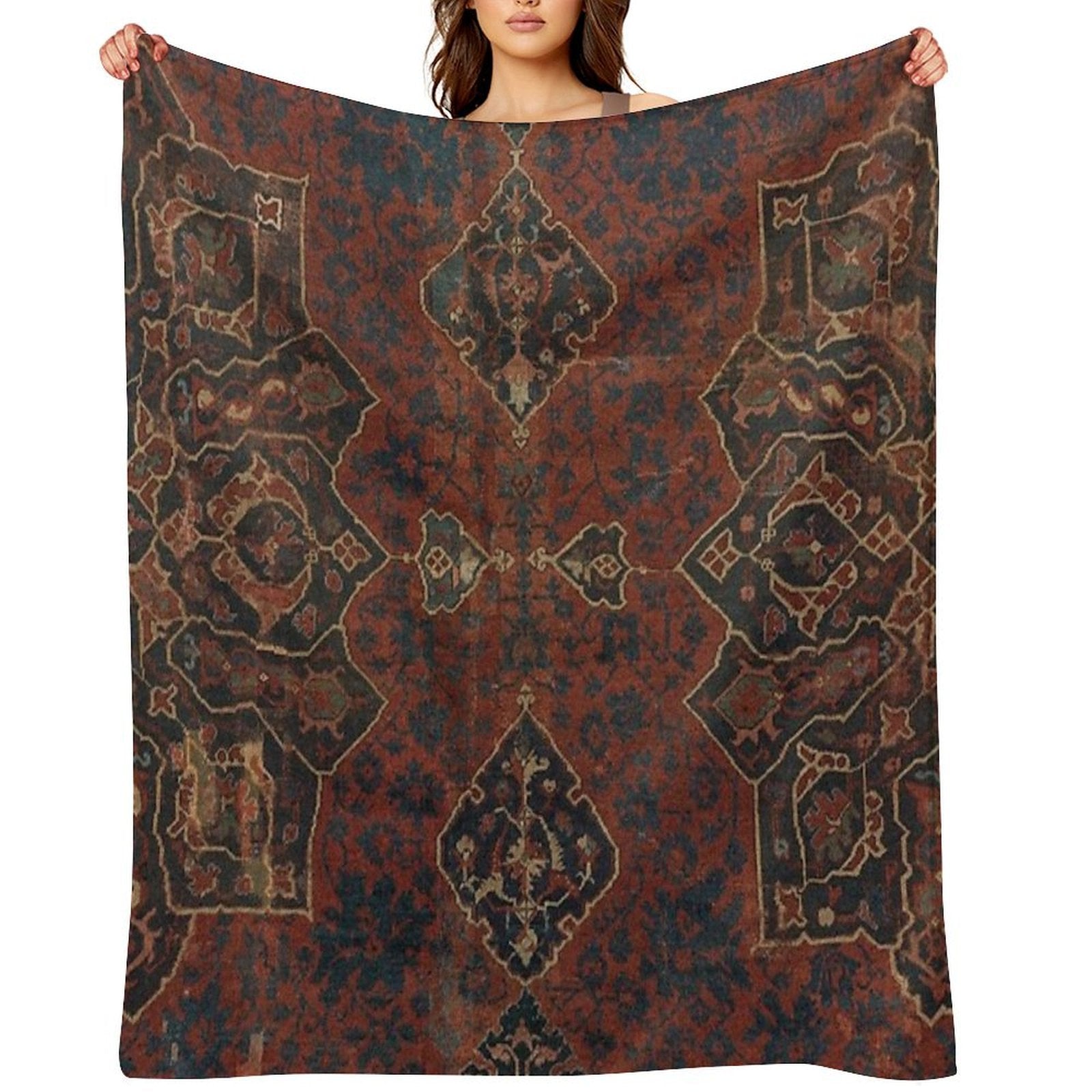 Boho Chic Dark VI  17th Century Colorful Medallion Red Blue Green Brown Ornate Accent Rug Pattern Versatility Throw Blanket