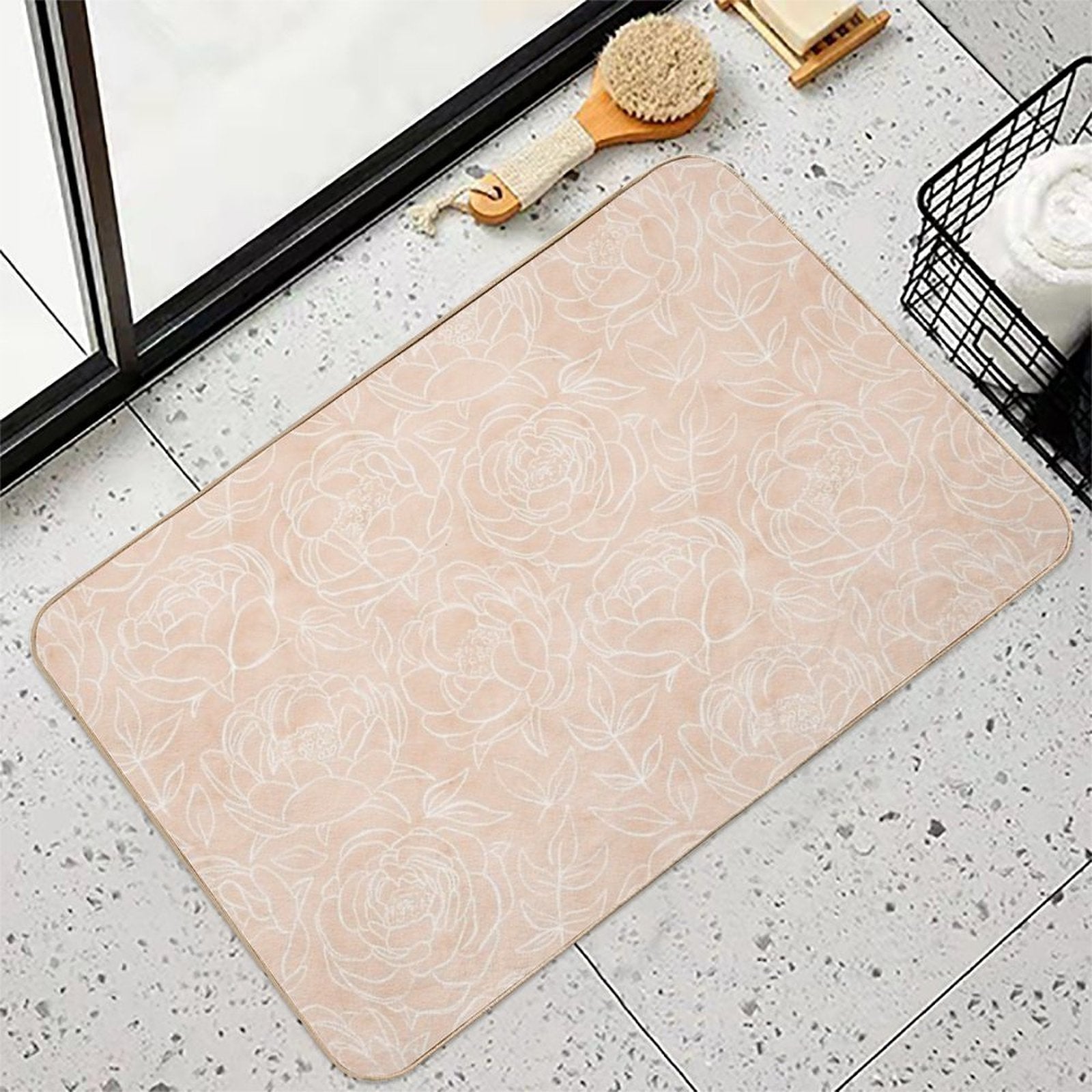 Delicate Peony Flowers on A Pastel Textured Creamy Tan Pattern  Odorless Bath Mat
