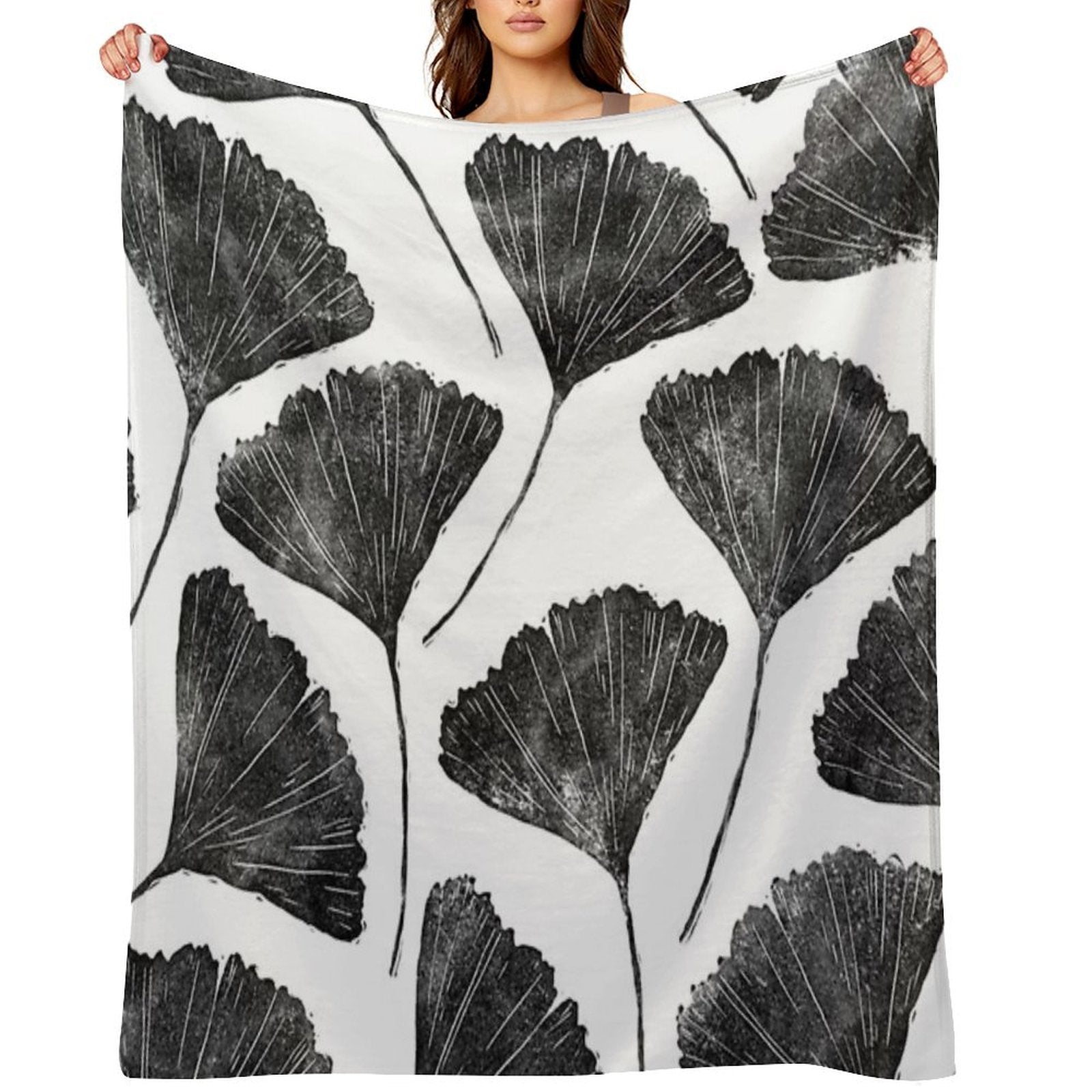 Ginkgo Biloba, Lino Cut Nature Inspired Leaf Pattern Gift-ready Throw Blanket