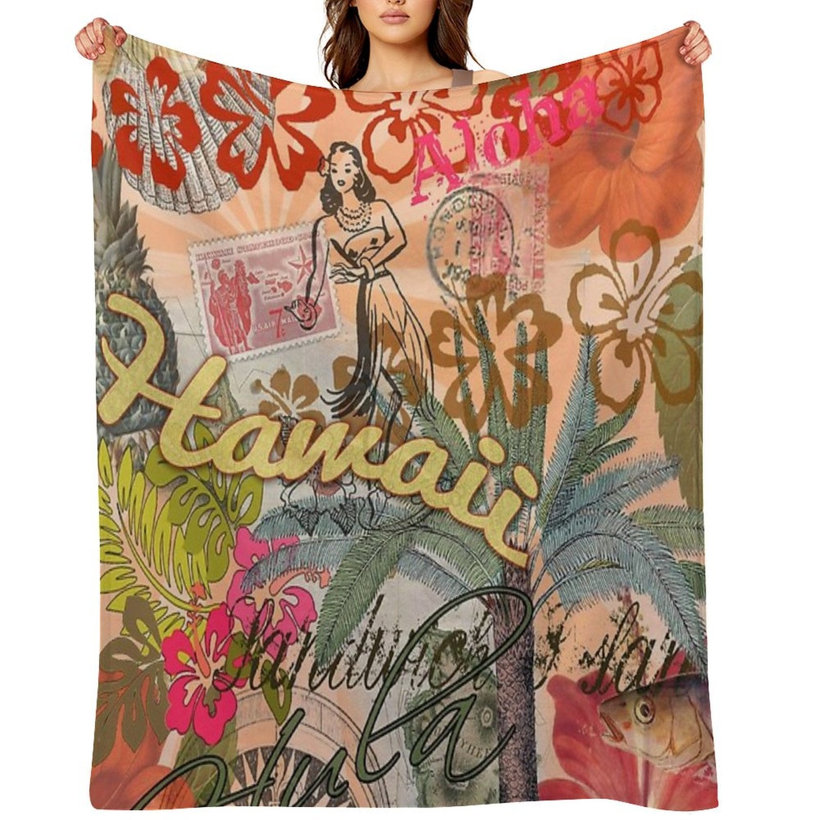Vintage Hawaii Travel Colorful Hawaiian Tropical Collage All-season Throw Blanket