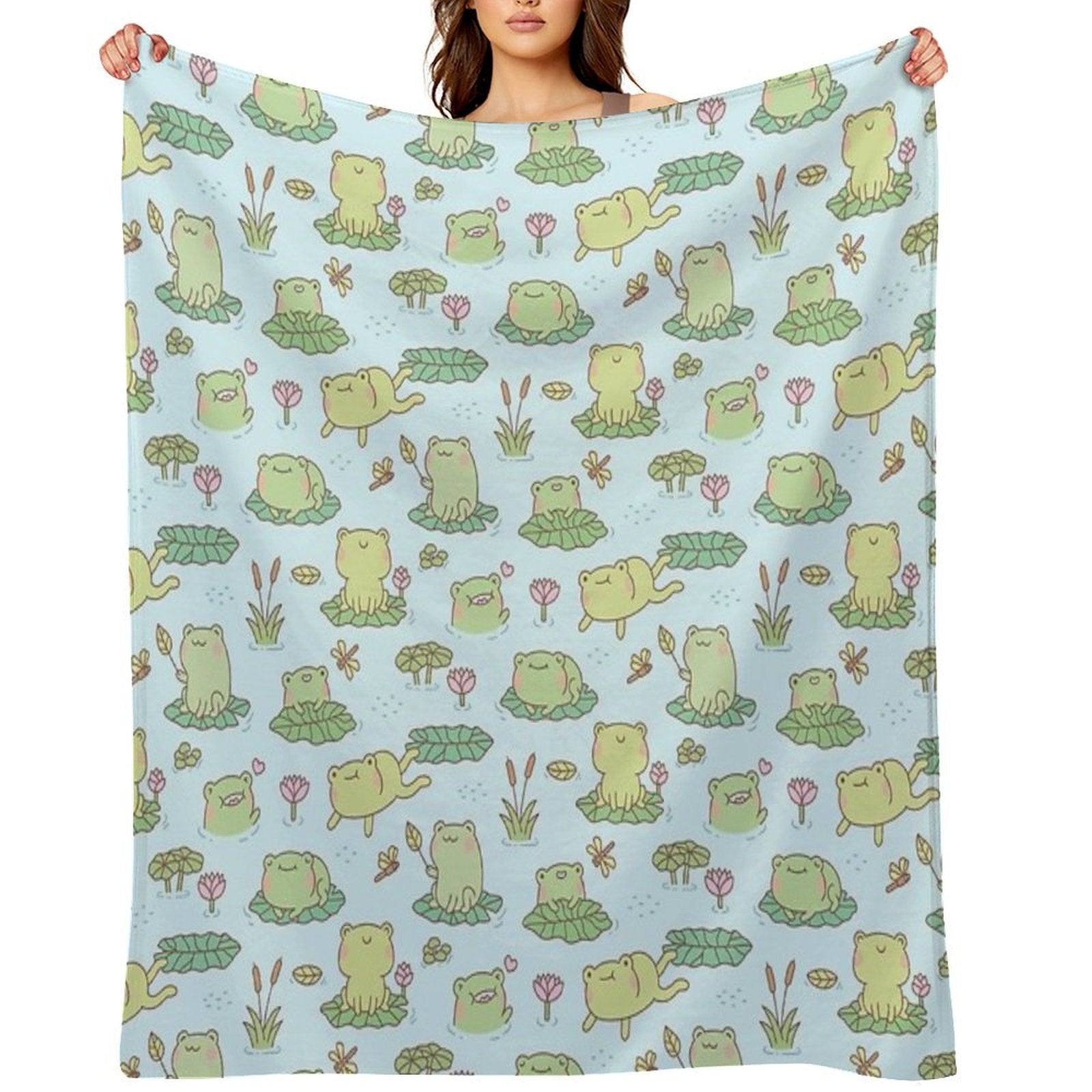Cute Frogs And Dragonflies Pond Pattern Shrink-resistant Throw Blanket