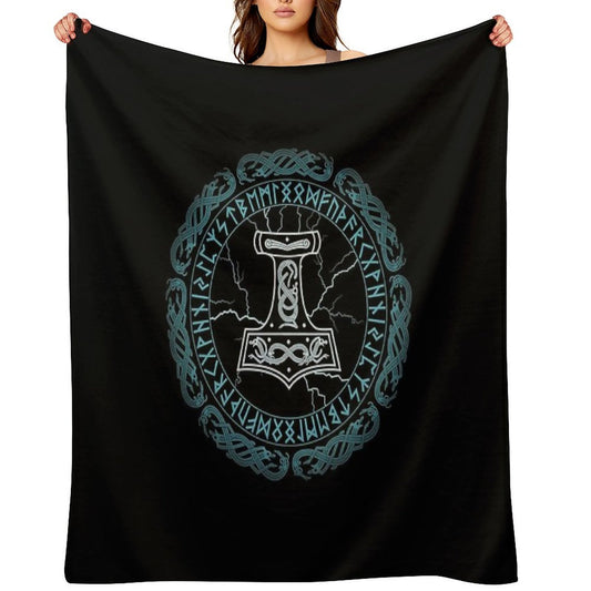 Mjölnir Hammer of Thor Runes Velvety-soft Throw Blanket