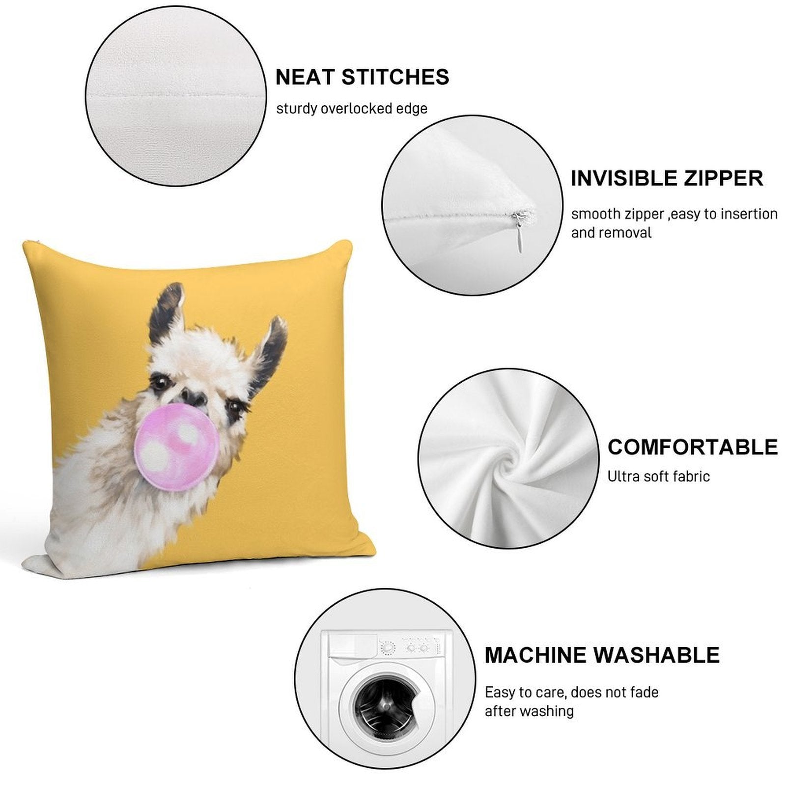 Bubble Gum Sneaky Llama in Mustard Yellow Soft Home Decor Throw Pillow