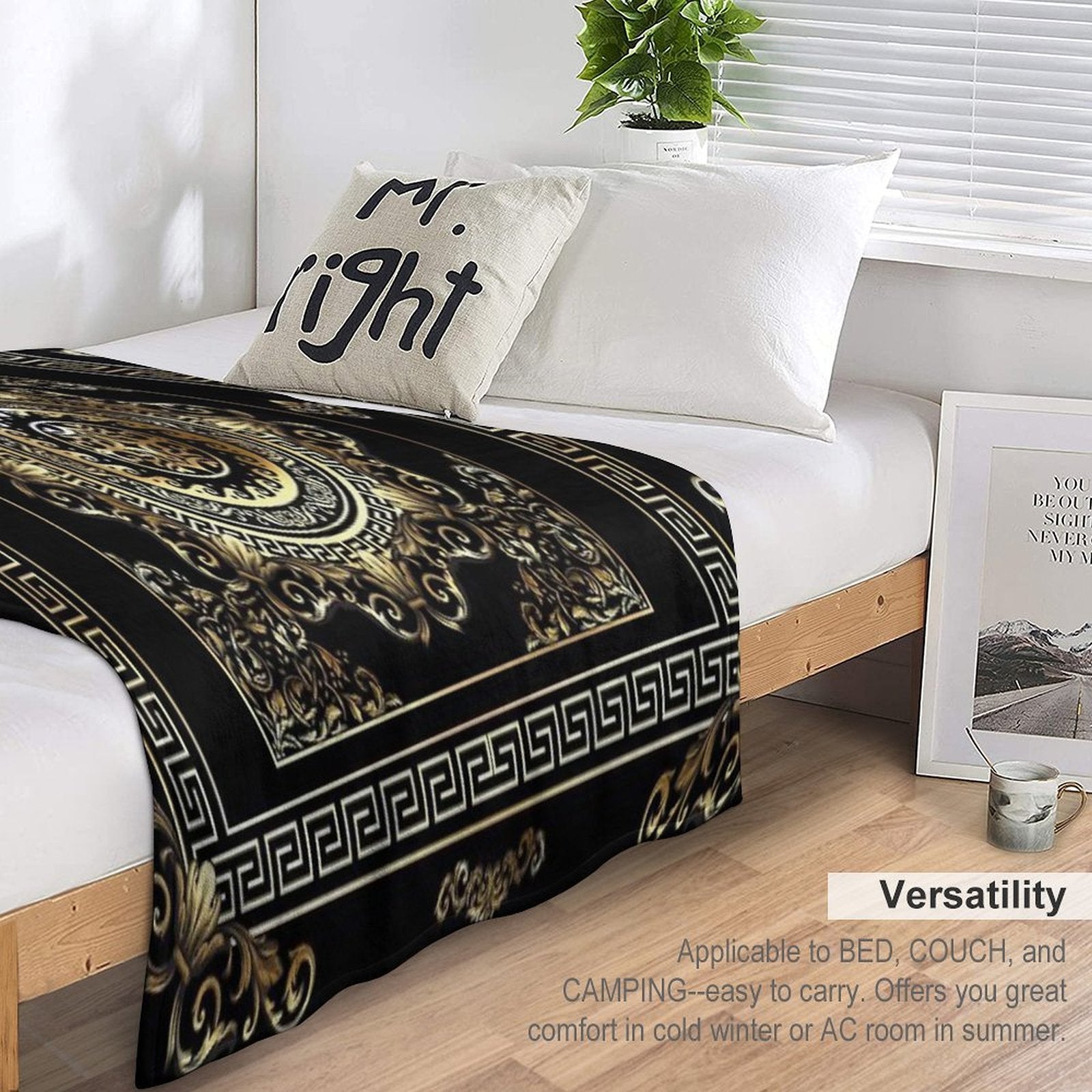 Ornate Baroque Black And Gold Greek Key Border Quick-dry Throw Blanket
