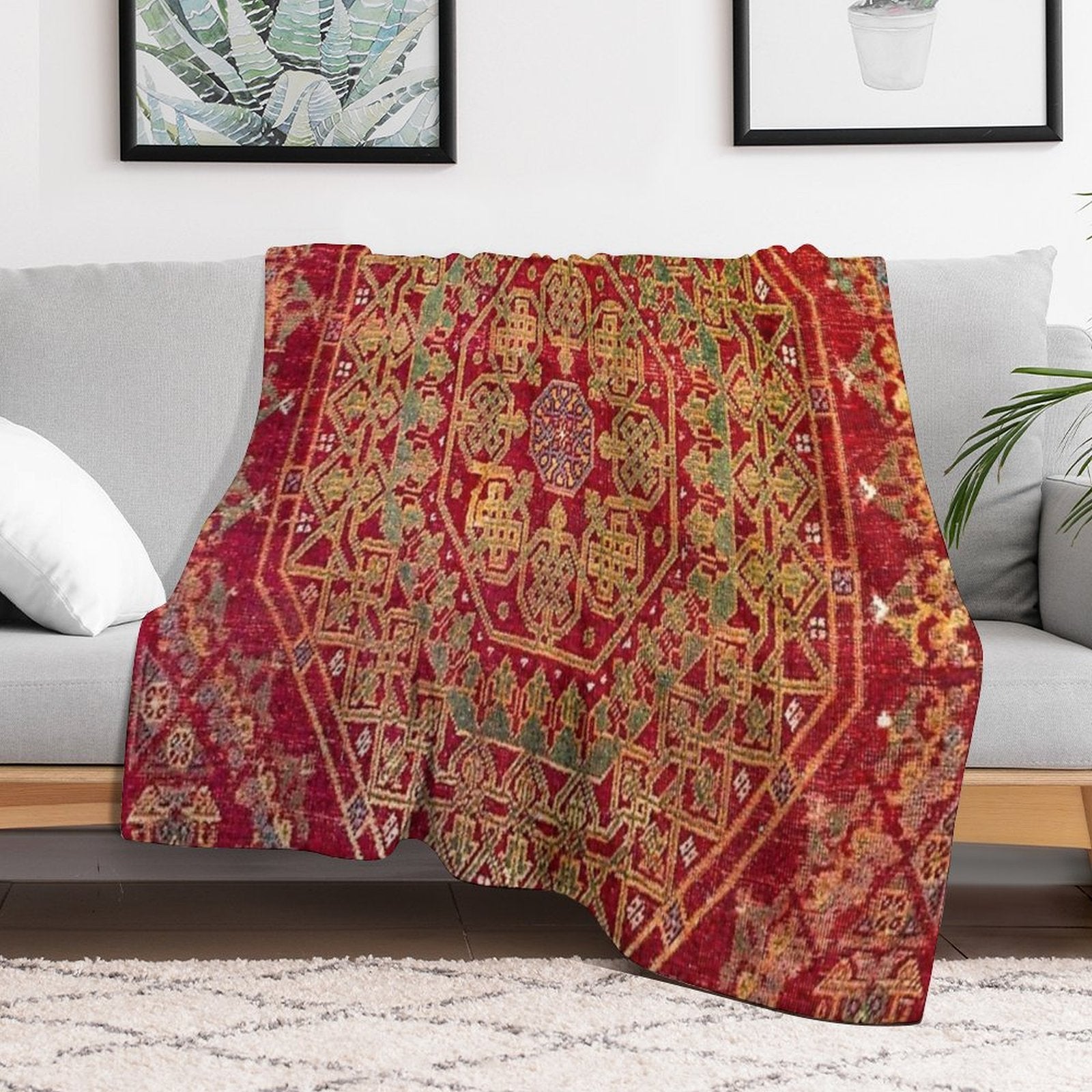 Bohemian Medallion VII  15th Century Old Distressed Red Green Coloful Ornate Accent Rug Pattern Wrinkle-free Throw Blanket