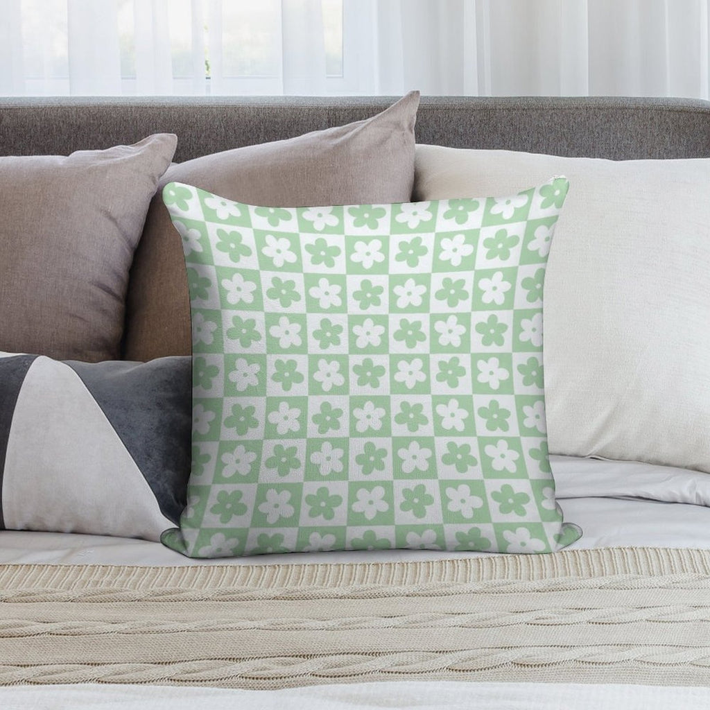 Light Pastel Green And White Checkered Squares with Flowers Soft Short Plush Fabric Throw Pillow