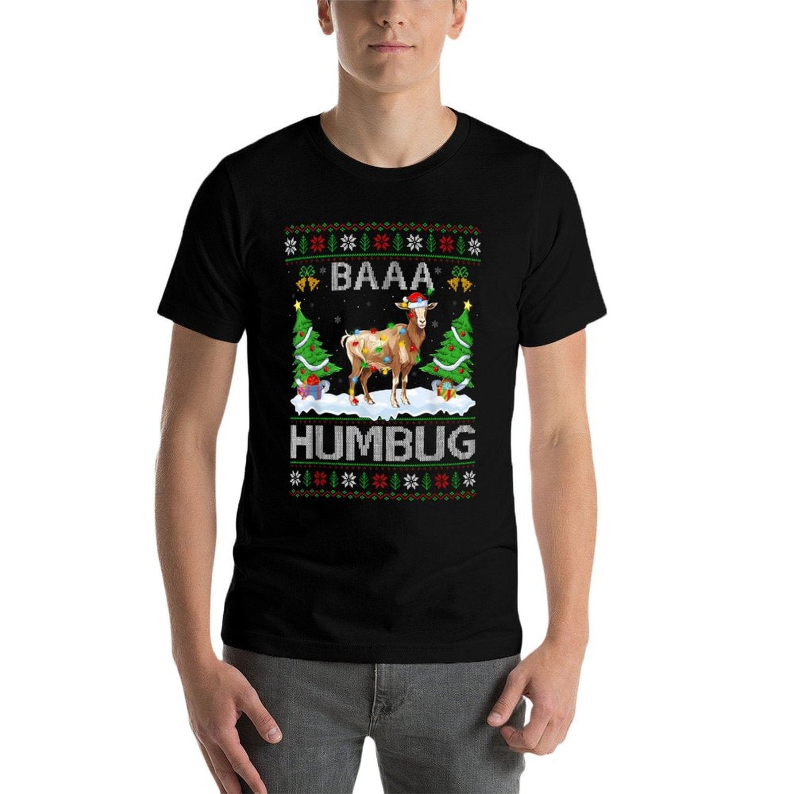 Baaa Humbug Ugly Goat Christmas - Unisex-Adults  Kids - Black - Small - - Polyester - Christmas-Themed  Lightweight T-Shirt