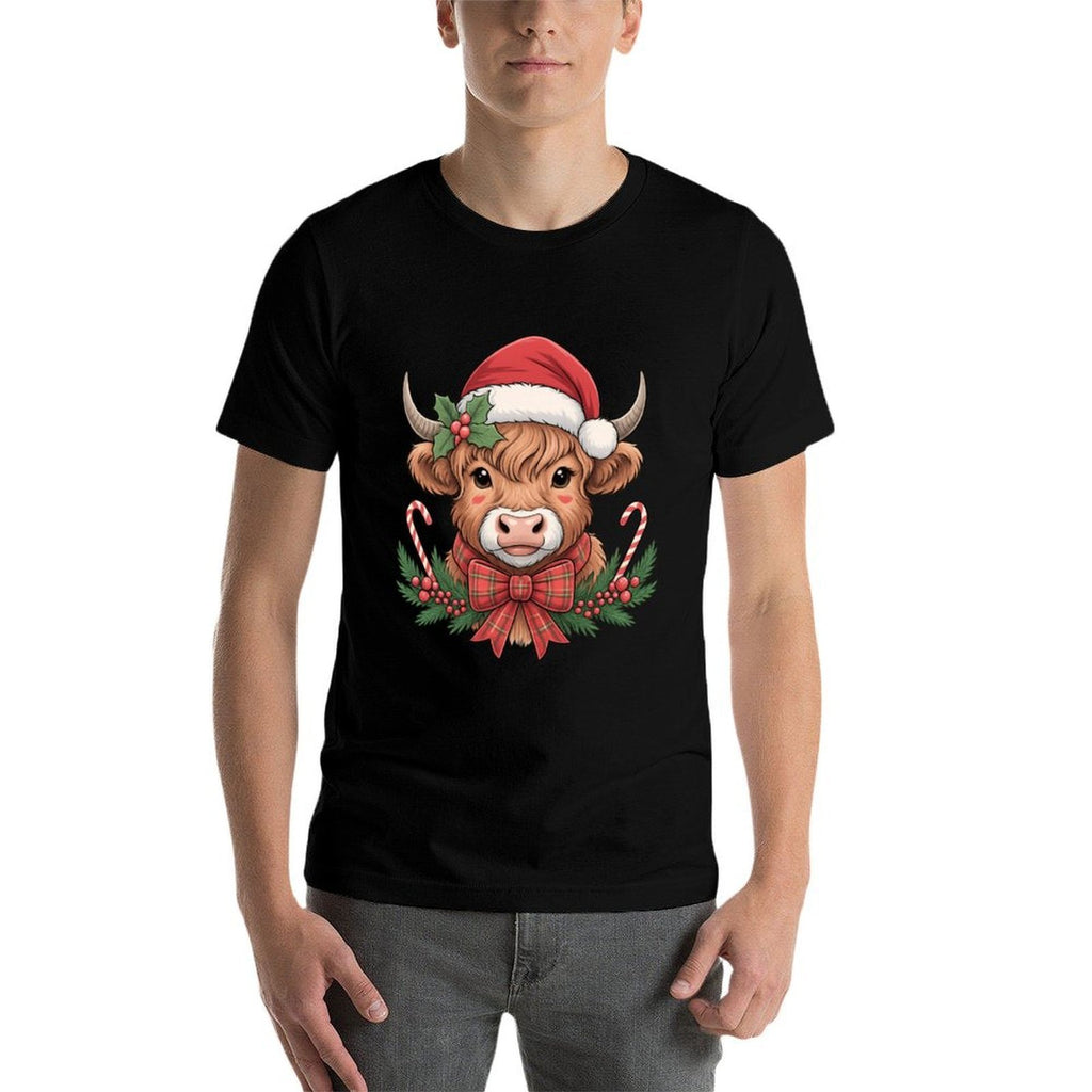 Cute Christmas Highland Cow Mooey Xmas Heifer Santa Hat  Durable T-Shirt
