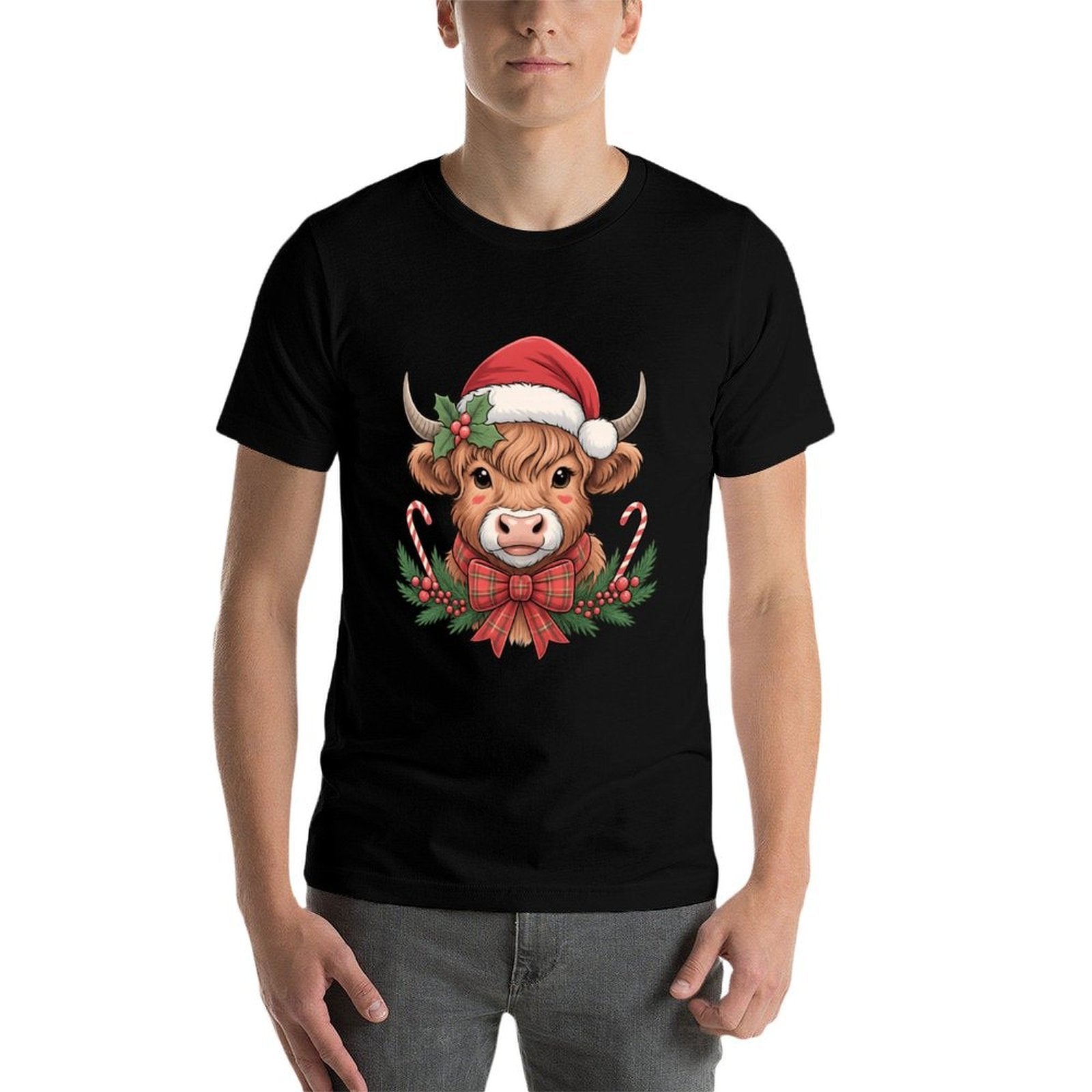 Cute Christmas Highland Cow Mooey Xmas Heifer Santa Hat  Durable T-Shirt