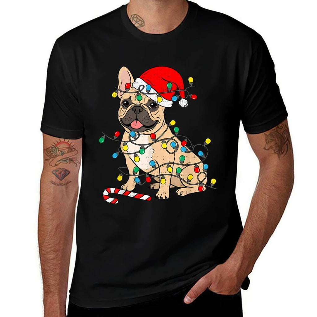 French Bulldog Dog Christmas Lights Santa Xmas Pet Dog Lover  Rolled Sleeves T-Shirt