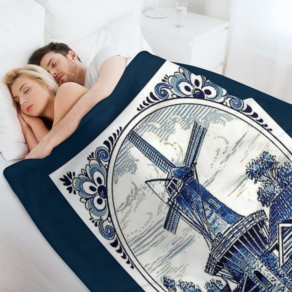 DUTCH BLUE DELFT  Vintage Windmill  Print Sustainable Throw Blanket