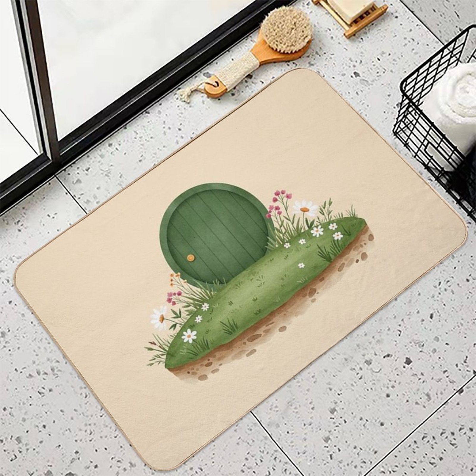 Cozy Hobbit Hole Watercolor Print - Cottagecore Wall Art  Multi-Purpose Bath Mat