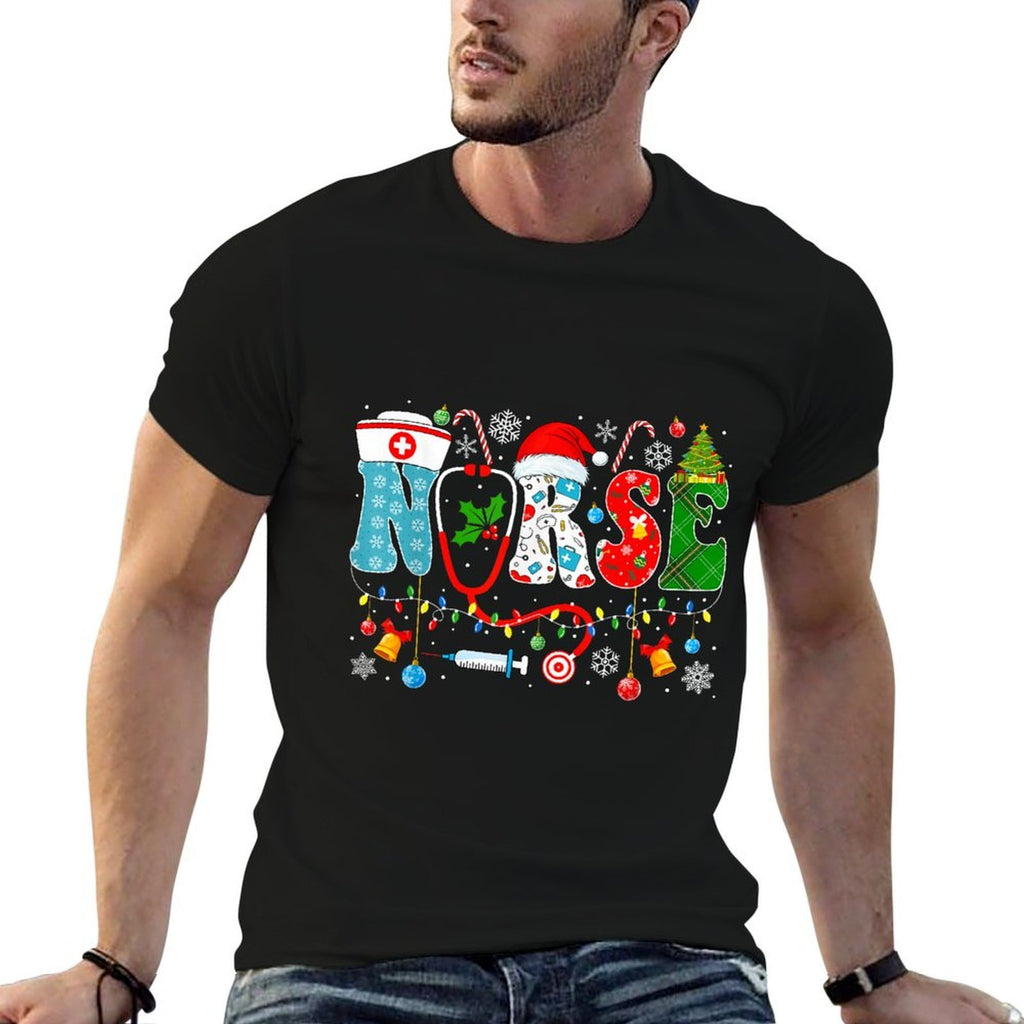 Christmas Nurse Santa Xmas Nursing Pajamas Unisex-Adults Unisex-Kids Black Small Winter Christmas Nurse Santa RN  High-quality Stitching T-Shirt