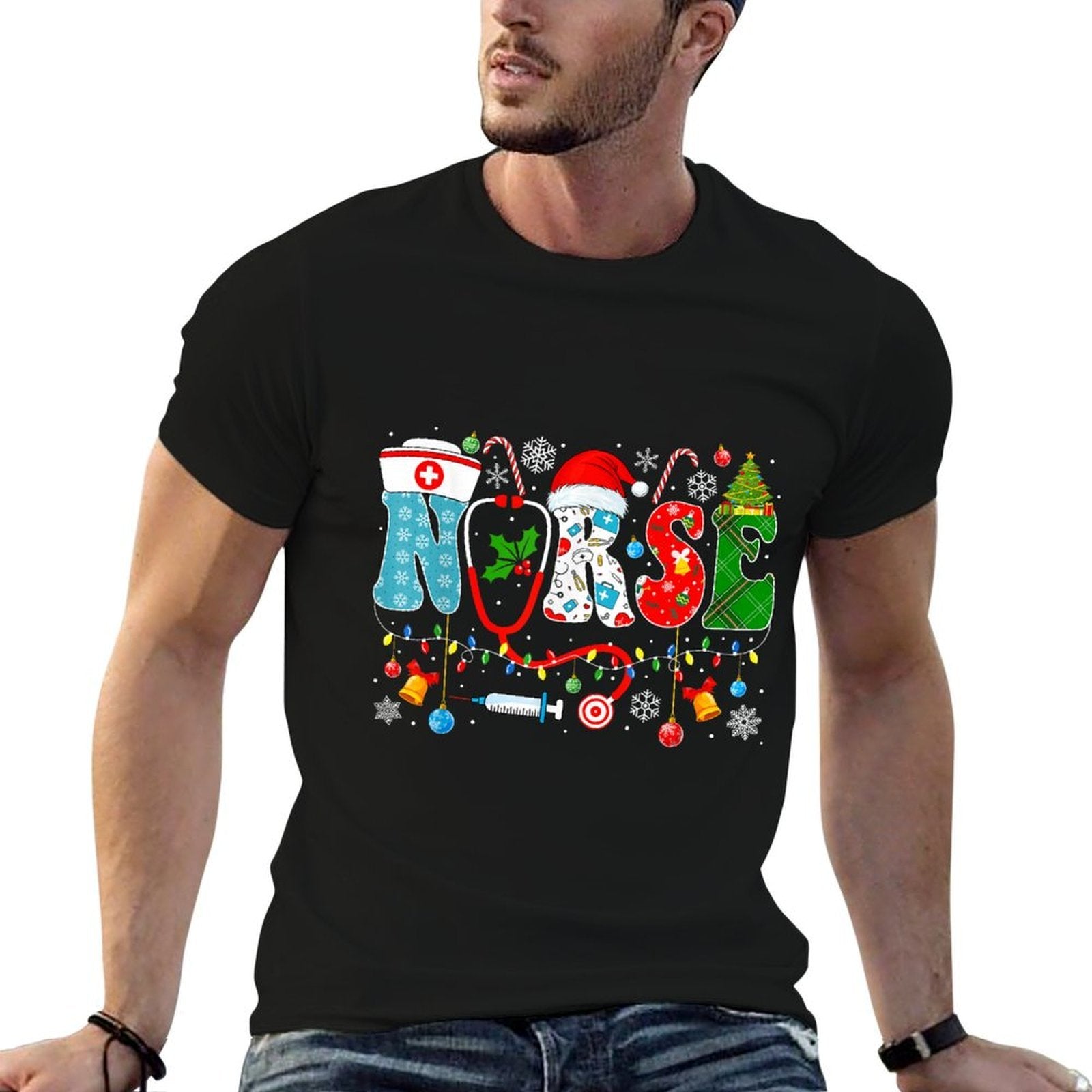 Christmas Nurse Santa Xmas Nursing Pajamas Unisex-Adults Unisex-Kids Black Small Winter Christmas Nurse Santa RN  High-quality Stitching T-Shirt