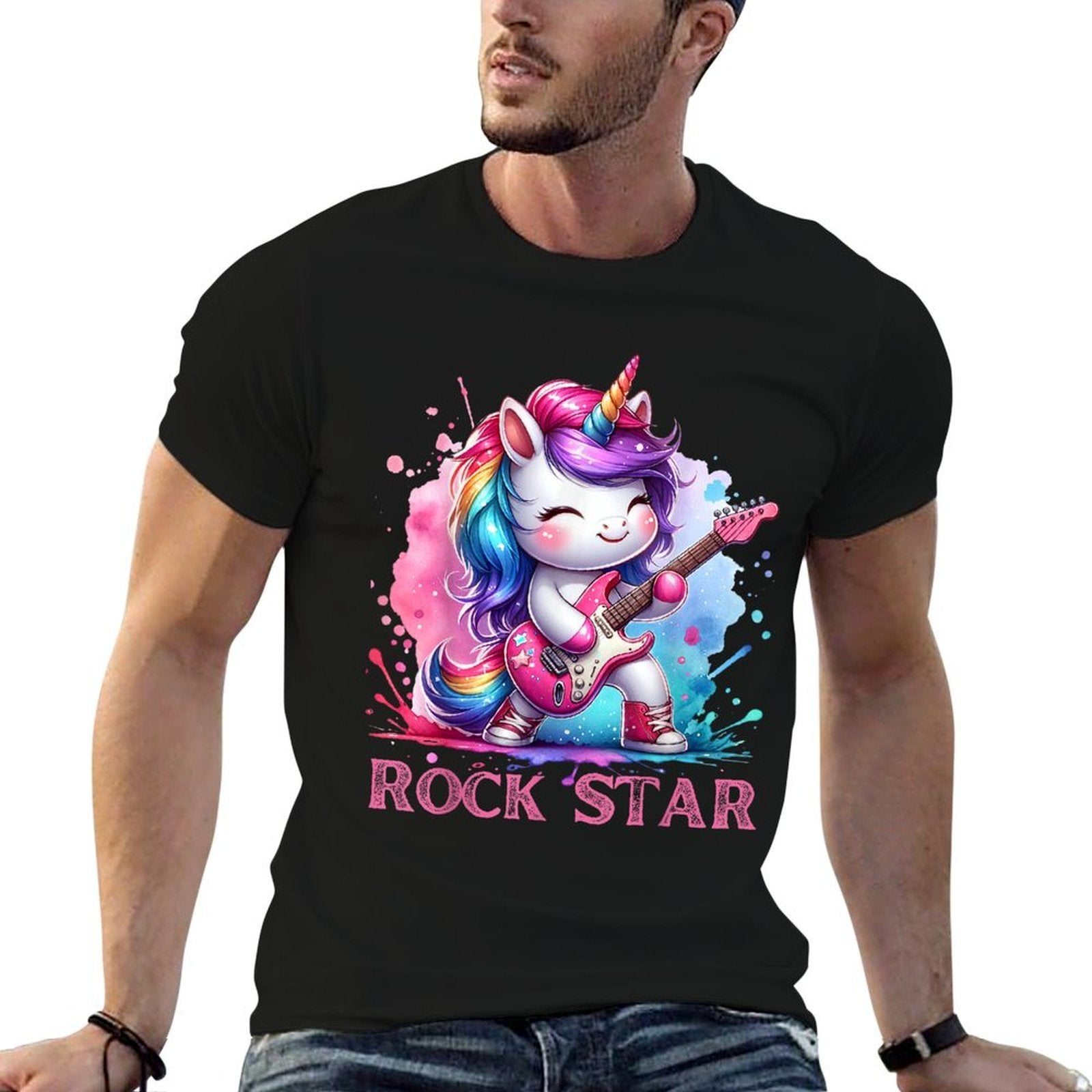 Cute Unicorn Rock Star Guitar Rockin' Music Singer  Fade-proof Color T-Shirt