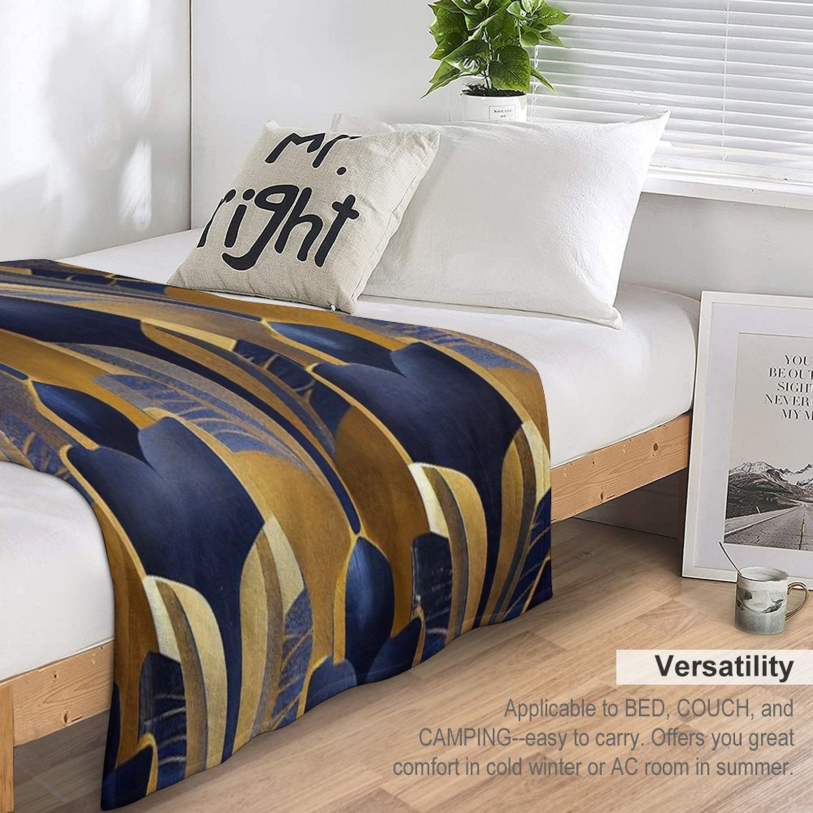 Vintage Royal Blue And Golden Art Deco Pattern Premium Throw Blanket