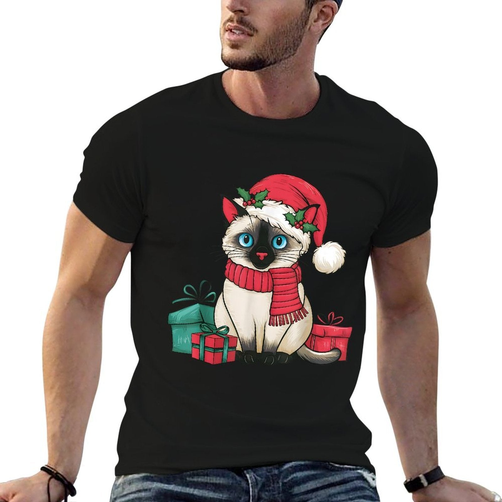 Siamese Cat Xmas Holiday Santa Siamese Cat Christmas Men Women Kids  Rolled Sleeves T-Shirt