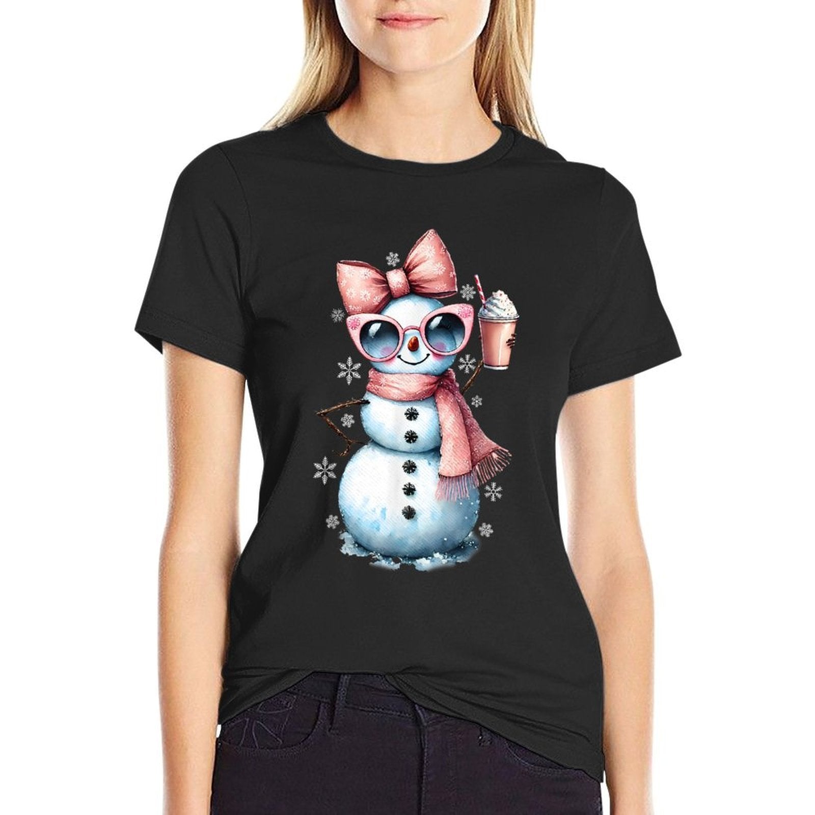 Xmas Snowman Drinking Hot Chocolate Bougie Women Christmas  Oversized Silhouette T-Shirt