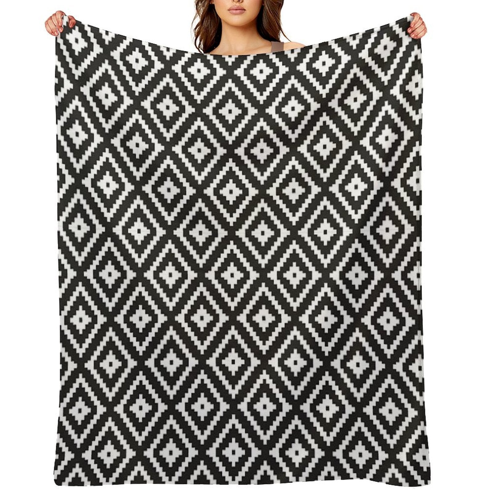 Aztec - White on Black Velvety-soft Throw Blanket