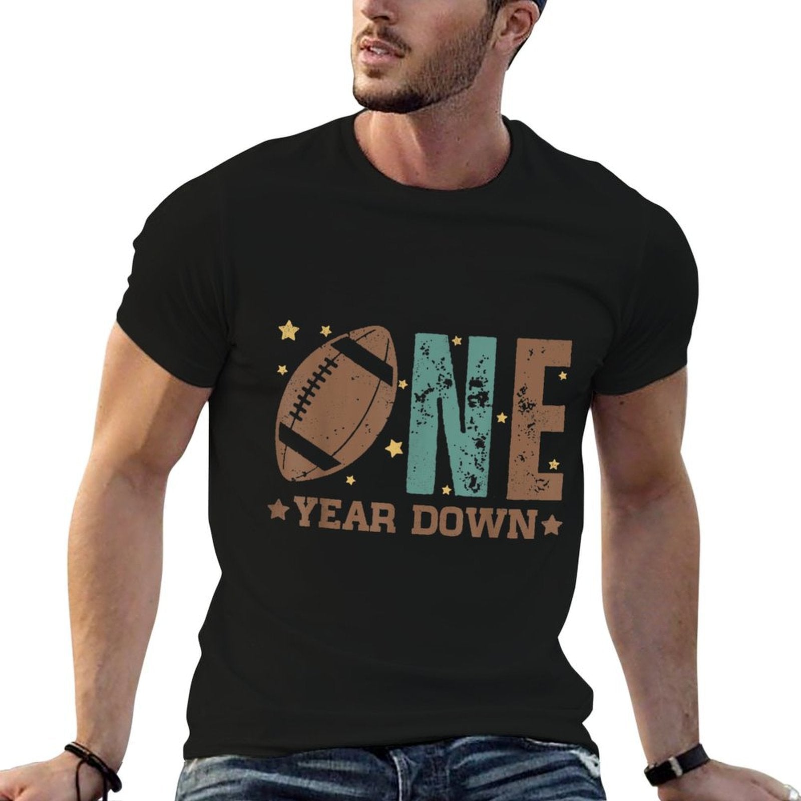 1st Year Down Football Lover First Birthday Boy Party  Easy-care T-Shirt