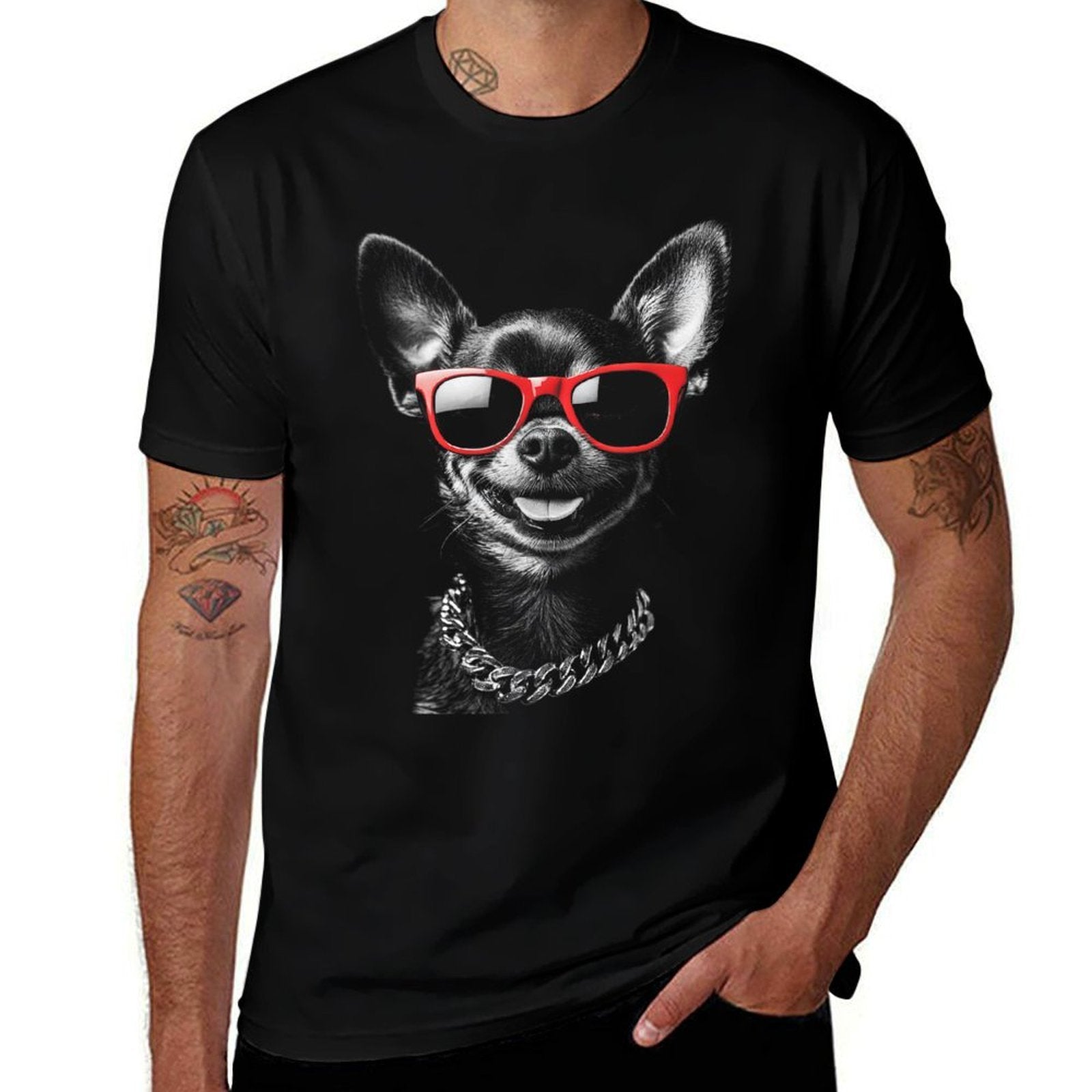 Cool Chihuahua with Sunglasses Funny Dog Attitude for Men Women Kids  Ribbed Collar T-Shirt
