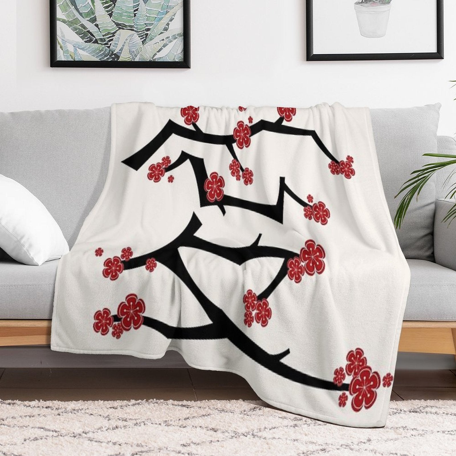 Chinese 'Ai' (Love) Calligraphy With Red Cherry Blossoms On Black Branches  Japanese Sakura Kanji © Fatfatin Anti-pilling Throw Blanket
