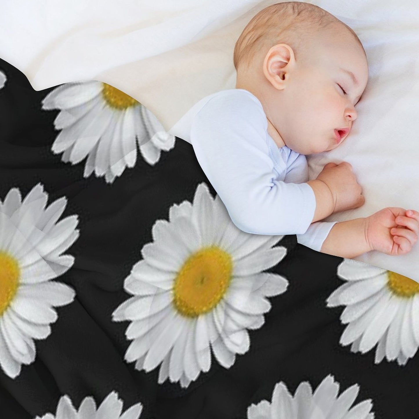 Modern Simple Elegant White Daisy Flowers on Black Anti-pilling Throw Blanket