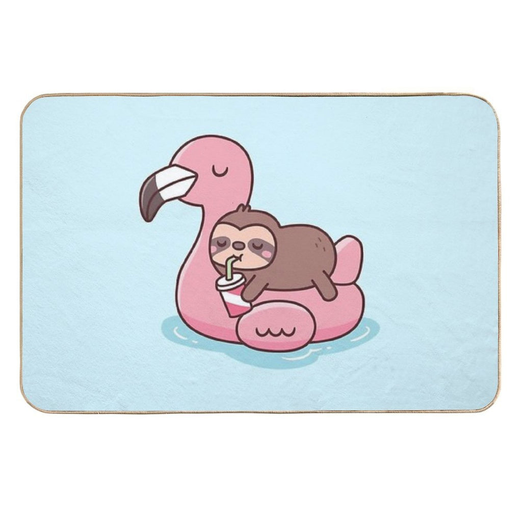 Cute Little Sloth Chilling On Flamingo Pool Float  Long-Lasting Bath Mat