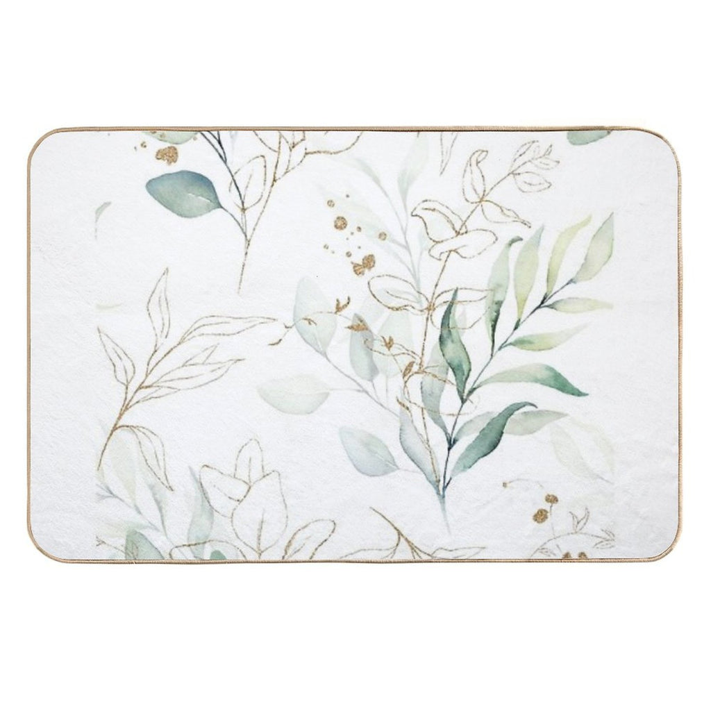 Eucalyptus Leafs And Gold Pattern Watercolor Print by Zouzounio Art  Fade-Resistant Bath Mat
