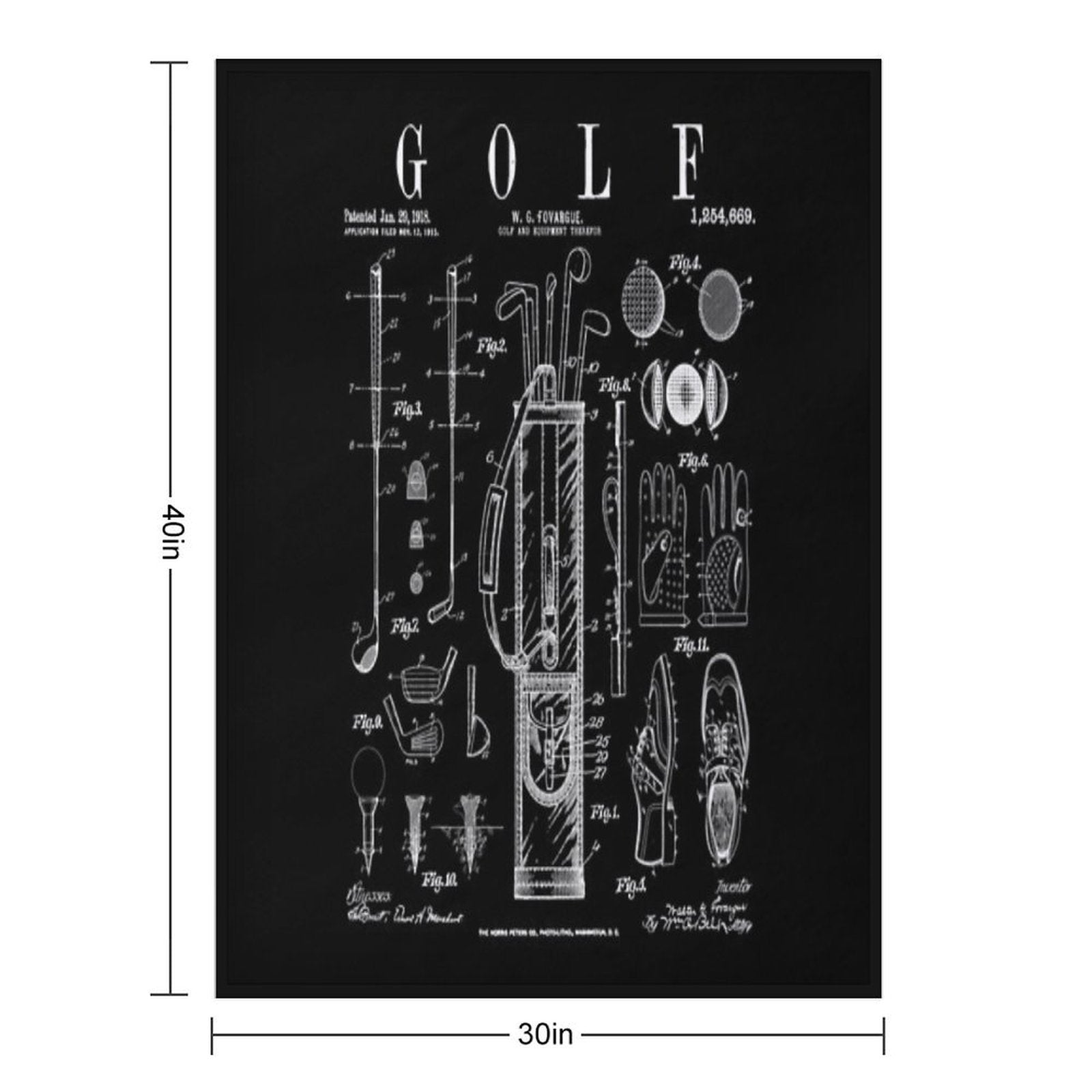 Golf Club Golfer Old Vintage Patent Drawing Print Machine-washable Throw Blanket