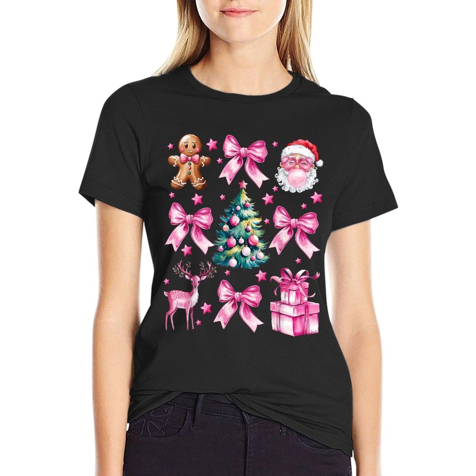 Cute Retro Coquette Bow Pink Christmas Tree Women Kids Girls  Wrinkle-resistant T-Shirt