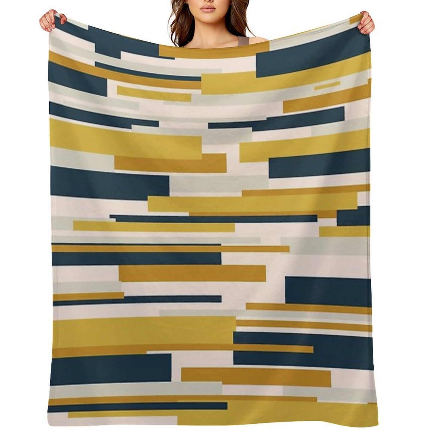 Wright Midcentury Modern Geometric Abstract Pattern in Mustard Yellow, Navy Blue, And Pale Blush Shrink-resistant Throw Blanket