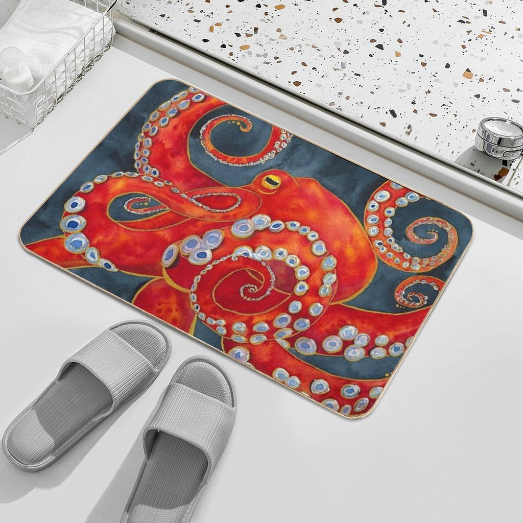 Red Watercolor Octopus  Anti-Trip Bath Mat