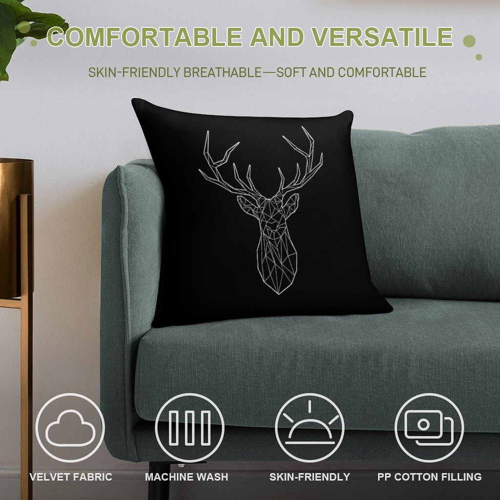 Geometric Stag - BLACK Soft Fade-Resistant Throw Pillow