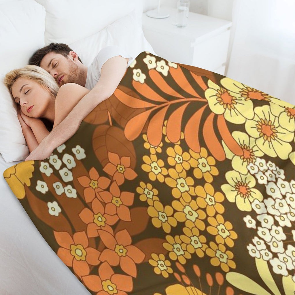 Brown, Yellow, Orange & Ivory Retro Flowers Premium Throw Blanket
