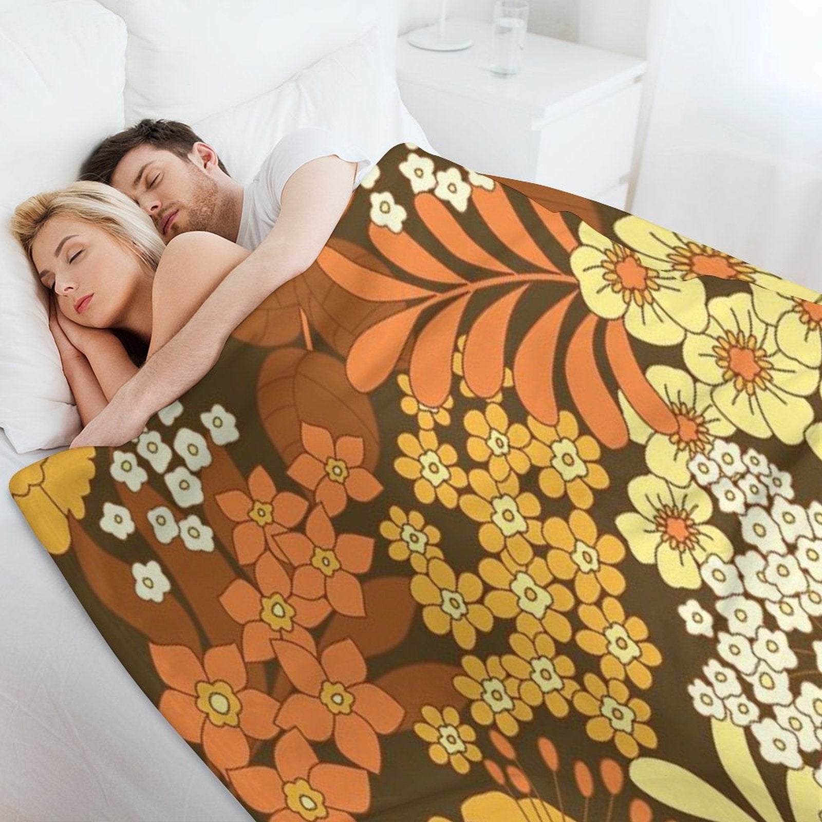 Brown, Yellow, Orange & Ivory Retro Flowers Premium Throw Blanket