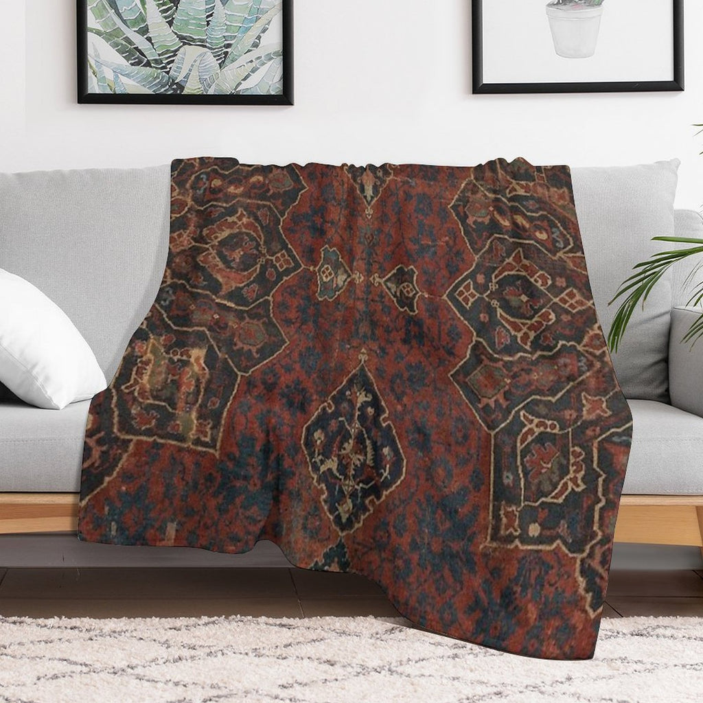 Boho Chic Dark VI  17th Century Colorful Medallion Red Blue Green Brown Ornate Accent Rug Pattern Versatility Throw Blanket