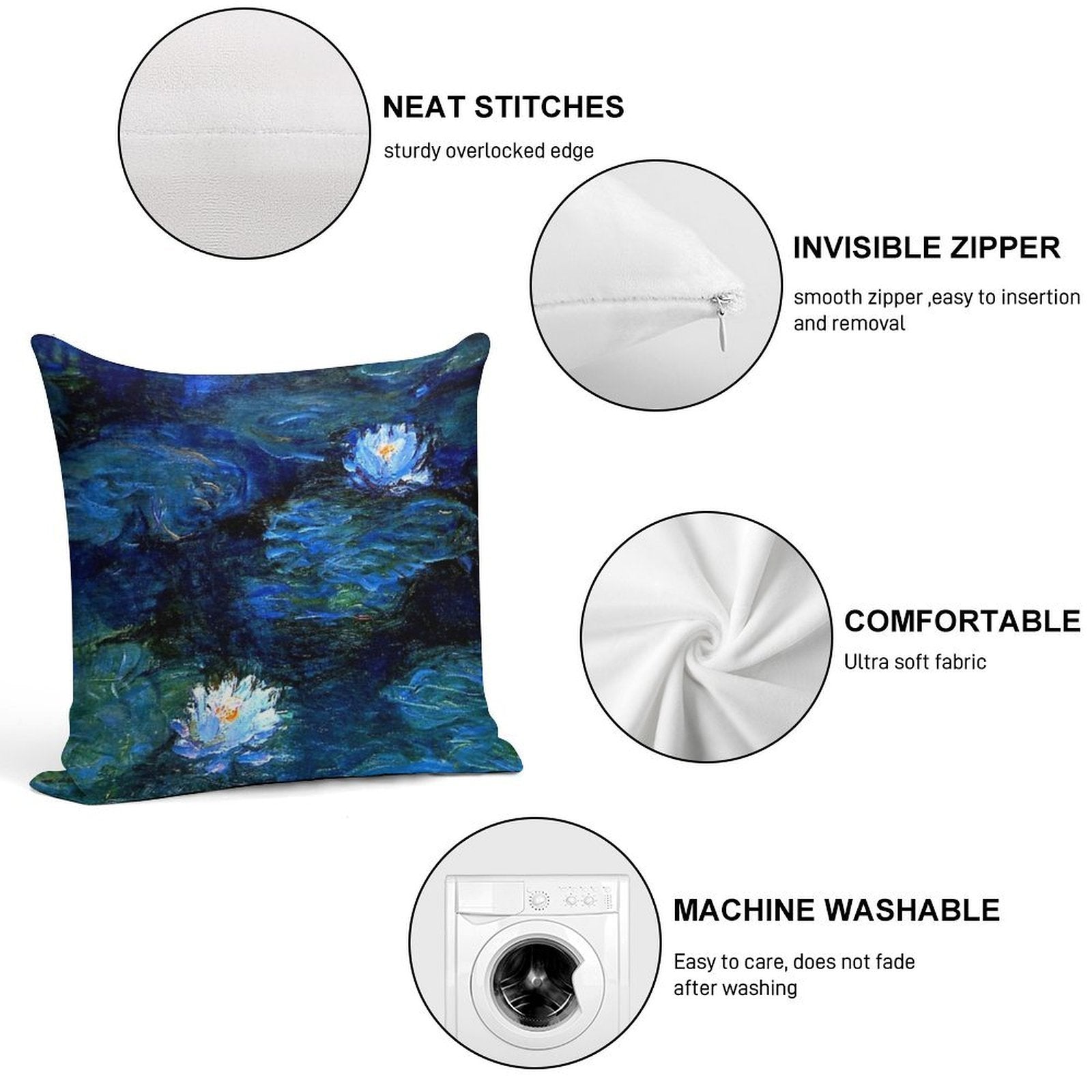 Water Lilies Monet Deep Blue Soft High-Density Material Throw Pillow