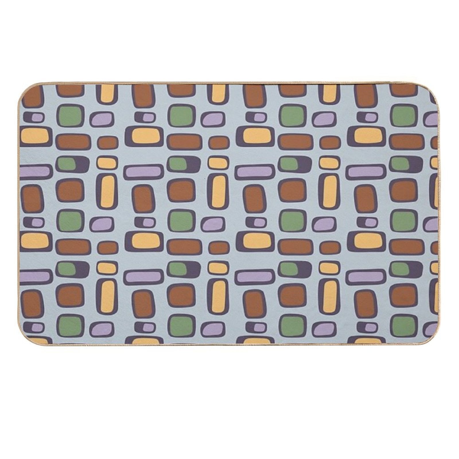 Colorful Retro Mid Century Aesthetic Squares Geometric Pattern Gray Blue & Brown  High-Traffic Bath Mat
