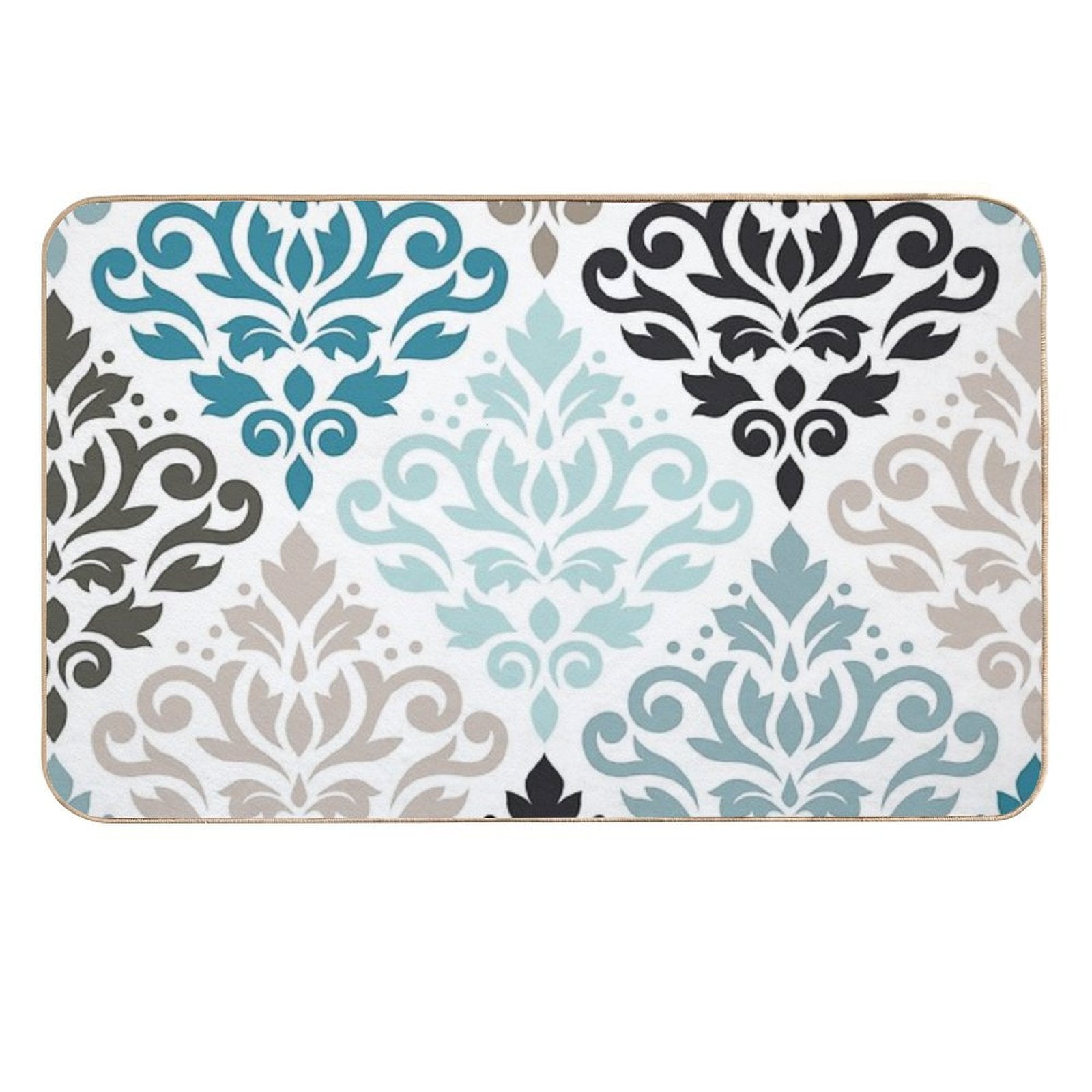 Scroll Damask Pattern Teals Browns White  Rapid-Drying Bath Mat